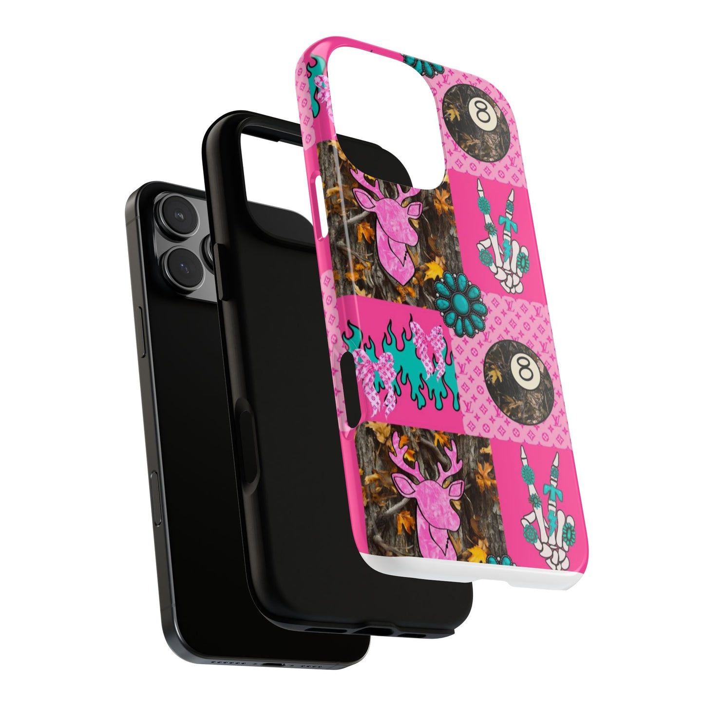Pink Country Patchwork Phone Case – Billiard 8-Ball, Deer & Skeleton Hand Design