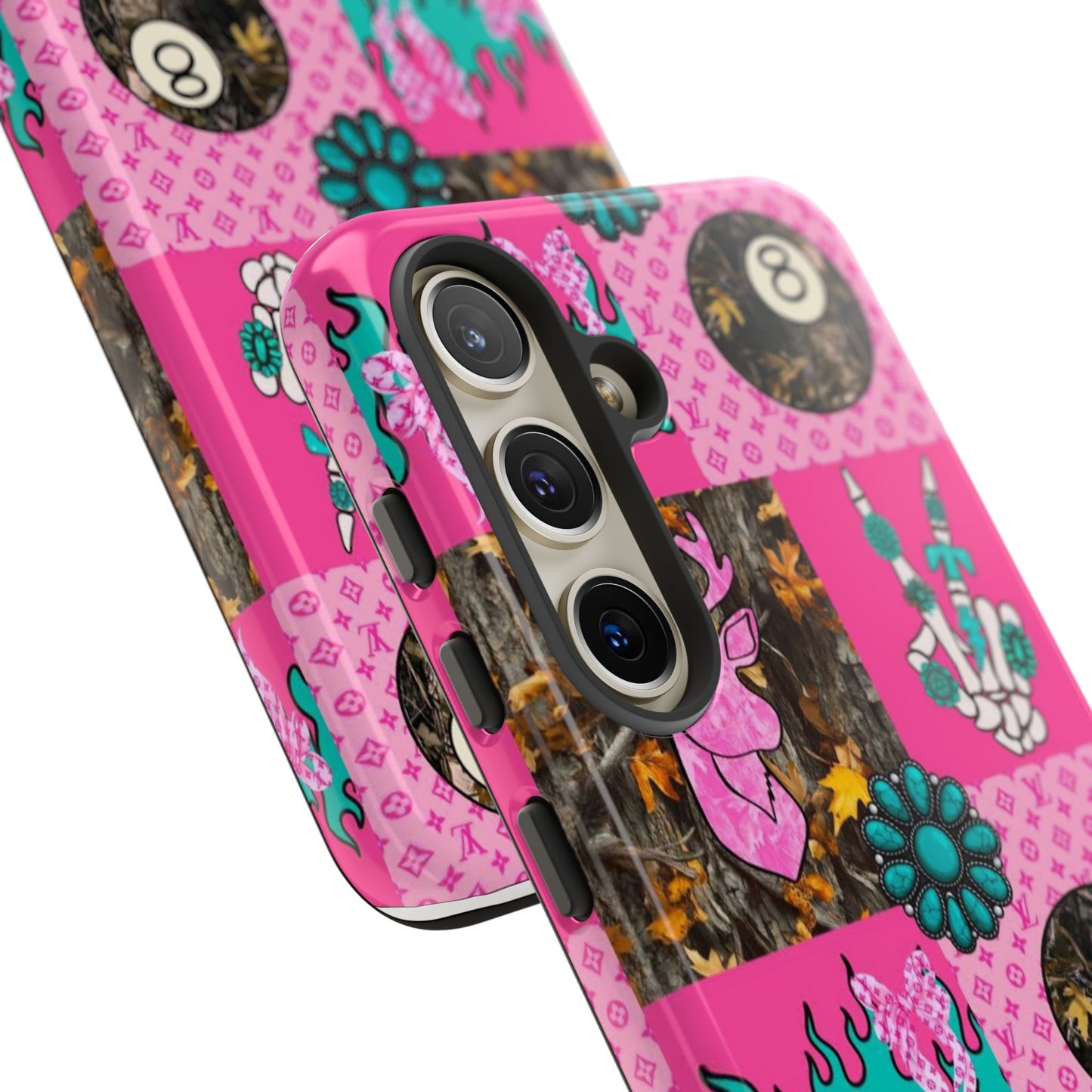 Pink Country Patchwork Phone Case – Billiard 8-Ball, Deer & Skeleton Hand Design