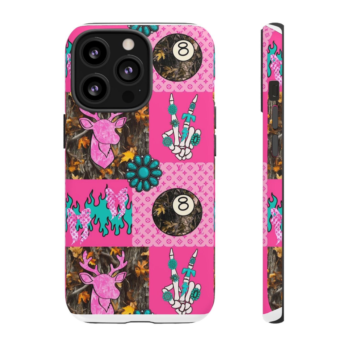 Pink Country Patchwork Phone Case – Billiard 8-Ball, Deer & Skeleton Hand Design