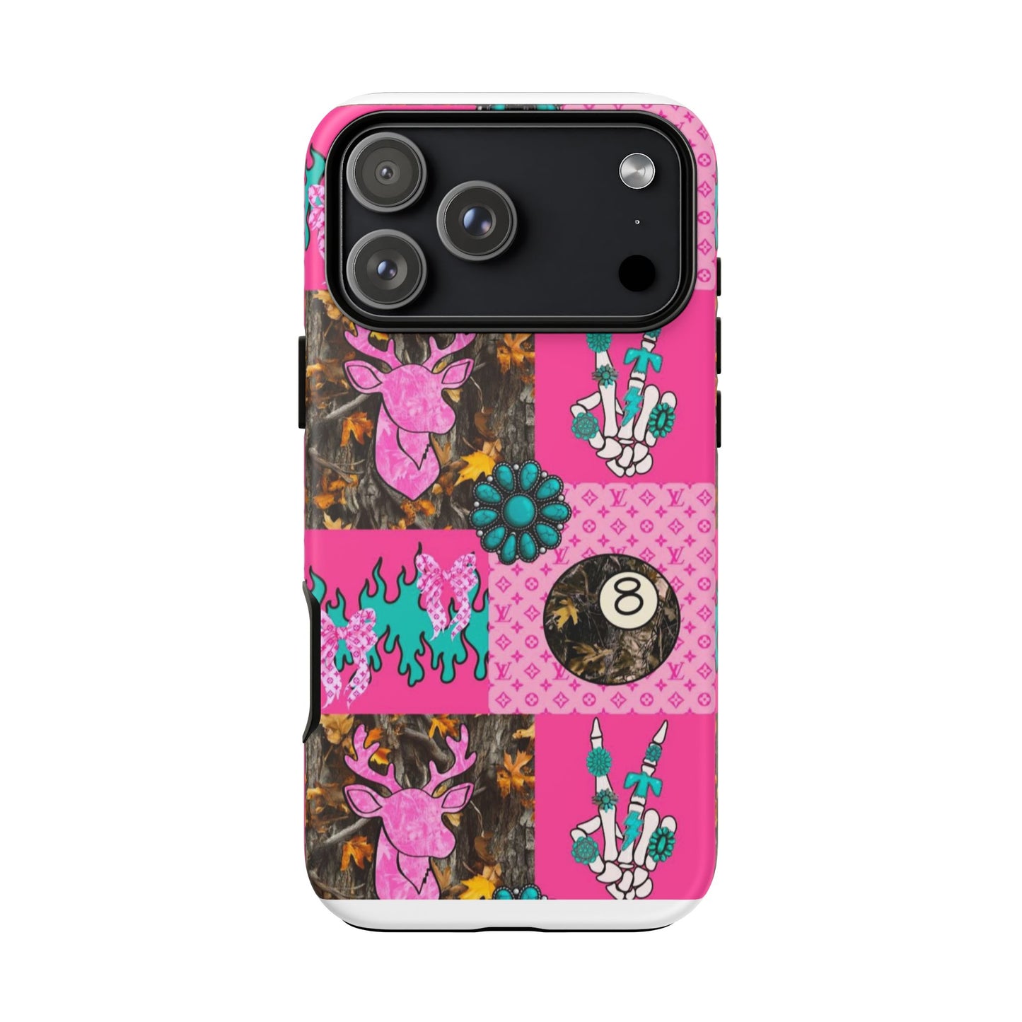 Pink Country Patchwork Phone Case – Billiard 8-Ball, Deer & Skeleton Hand Design