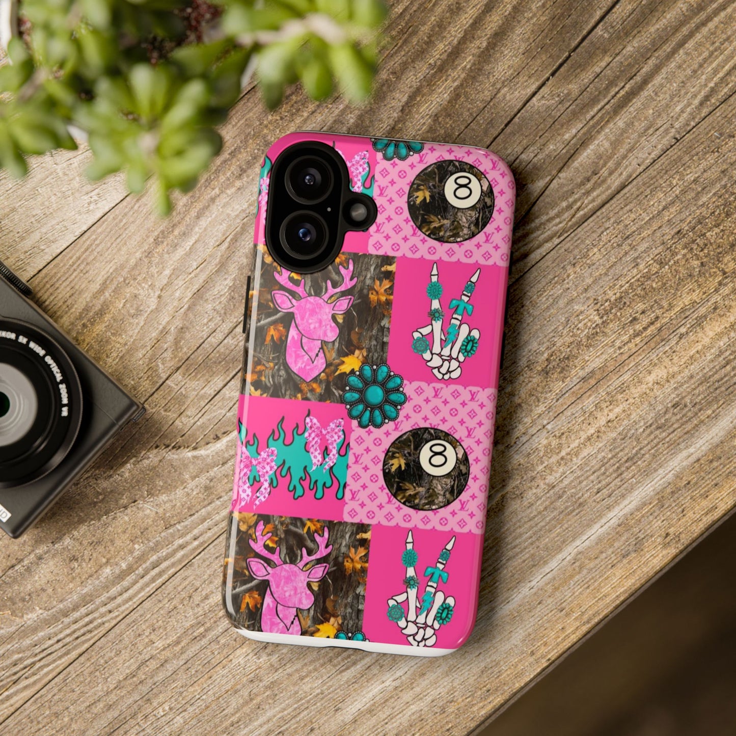 Pink Country Patchwork Phone Case – Billiard 8-Ball, Deer & Skeleton Hand Design