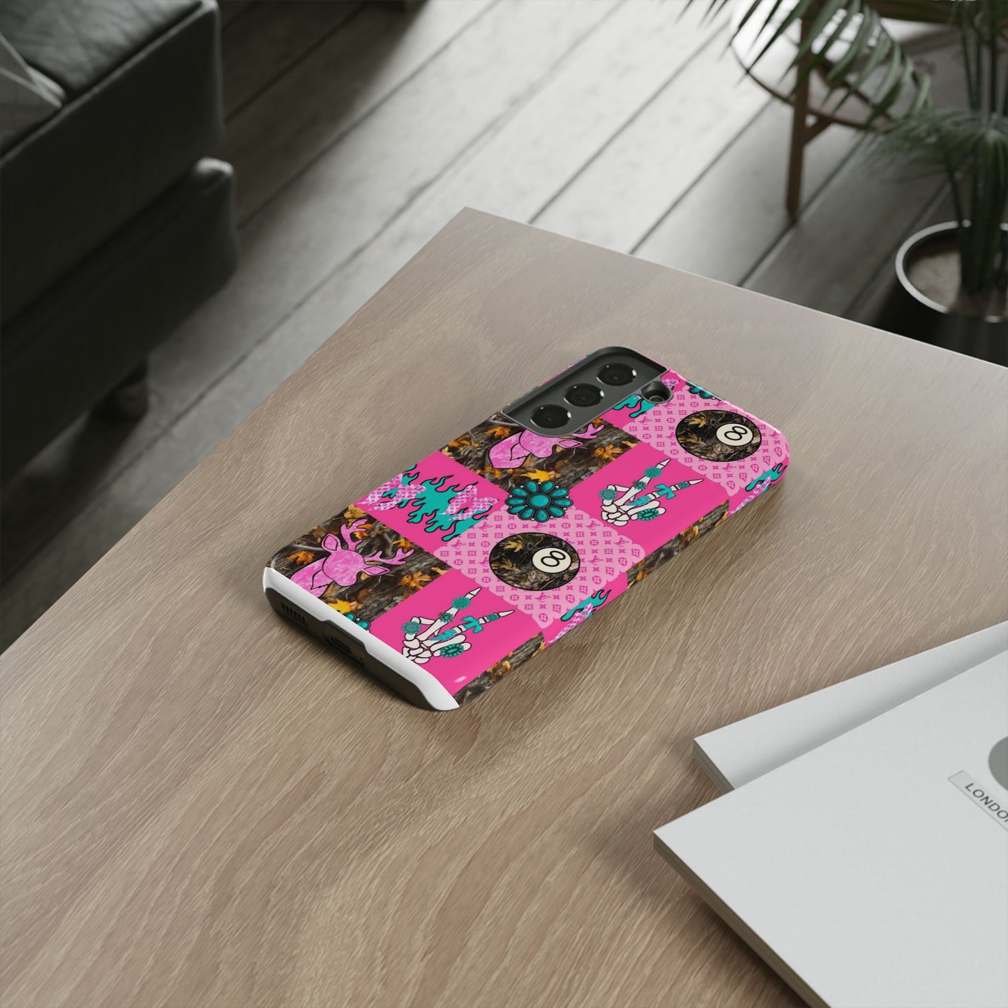 Pink Country Patchwork Phone Case – Billiard 8-Ball, Deer & Skeleton Hand Design