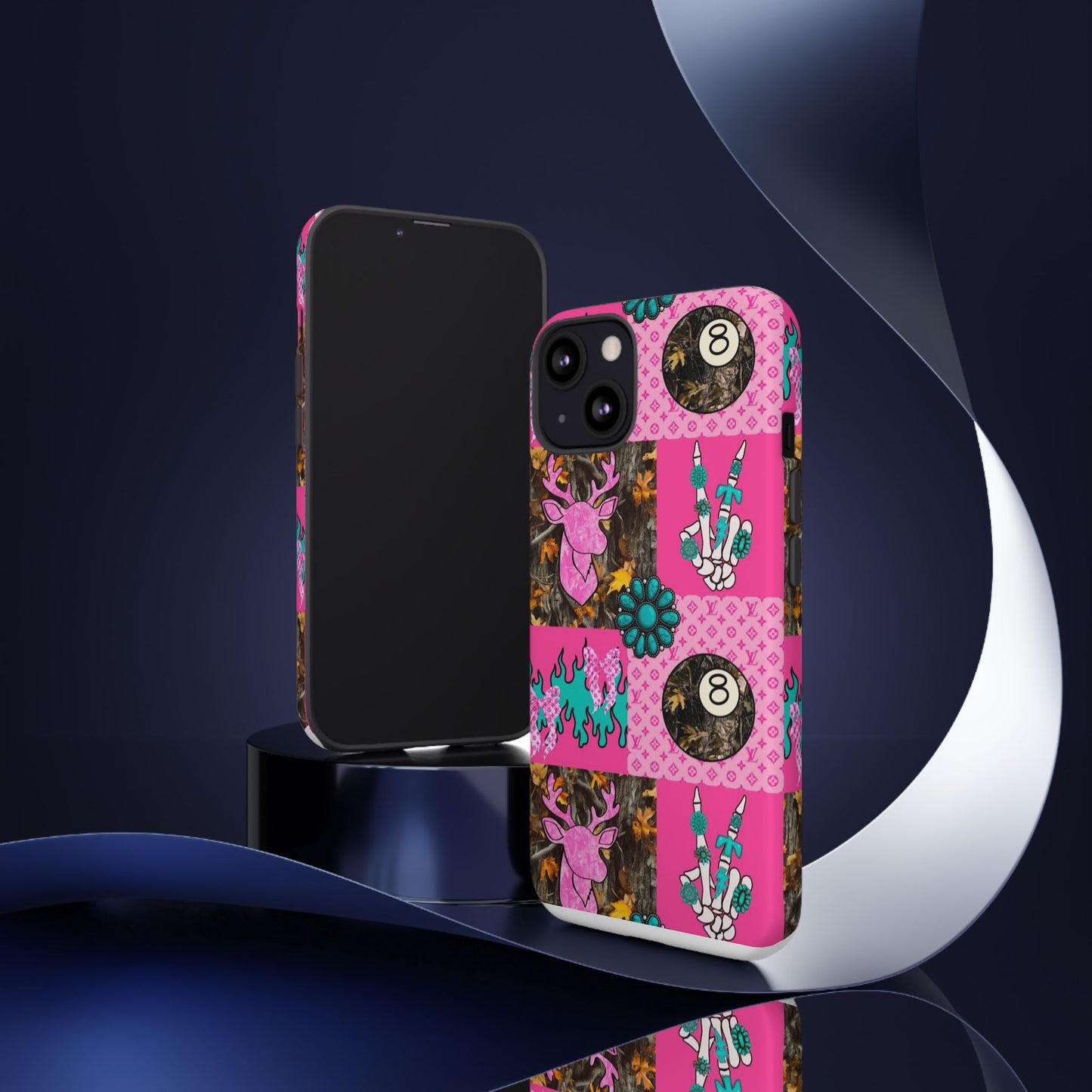 Pink Country Patchwork Phone Case – Billiard 8-Ball, Deer & Skeleton Hand Design