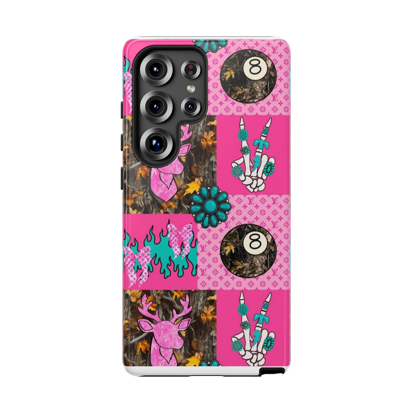 Pink Country Patchwork Phone Case – Billiard 8-Ball, Deer & Skeleton Hand Design