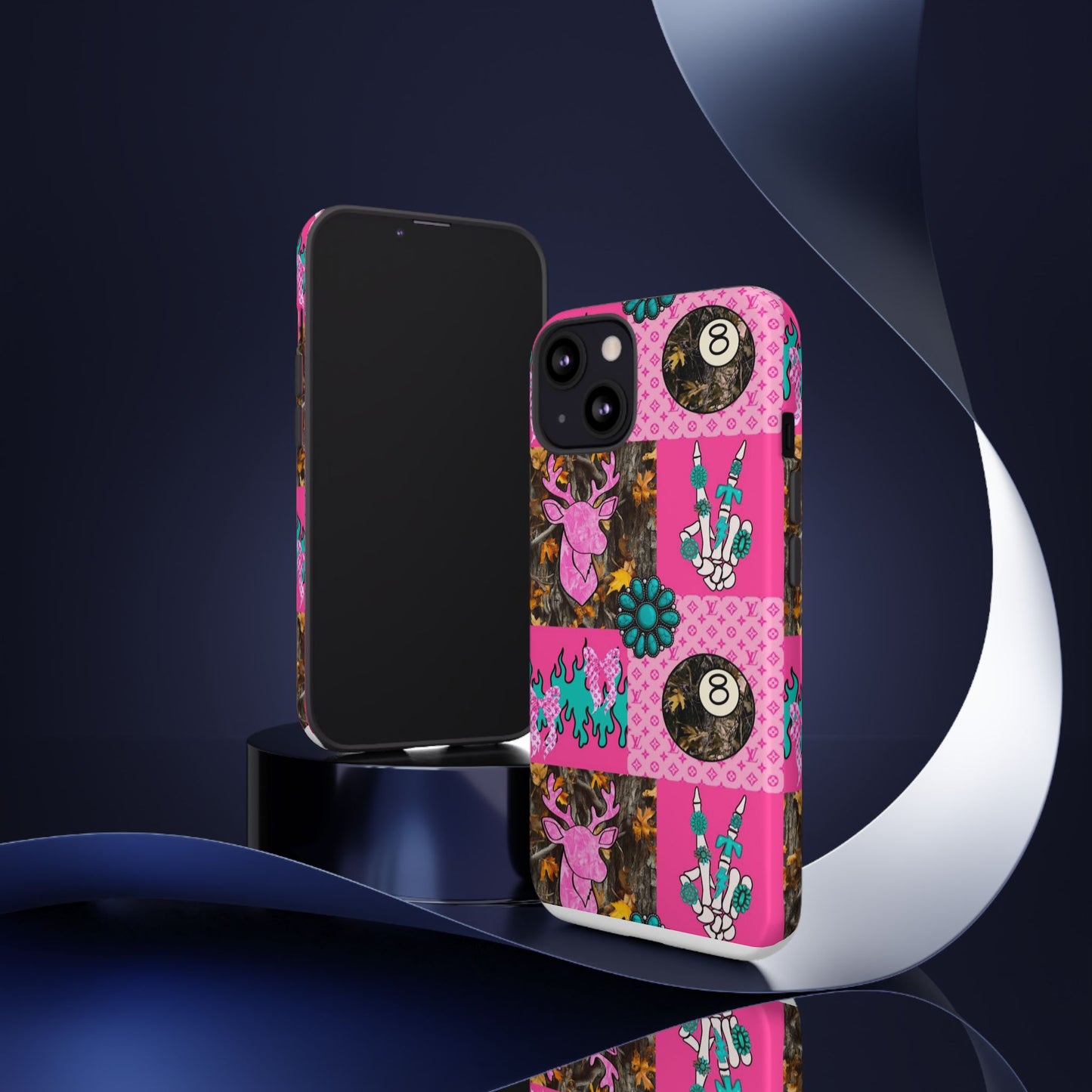Pink Country Patchwork Phone Case – Billiard 8-Ball, Deer & Skeleton Hand Design