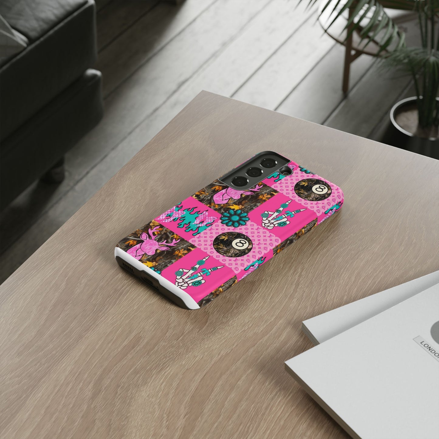 Pink Country Patchwork Phone Case – Billiard 8-Ball, Deer & Skeleton Hand Design