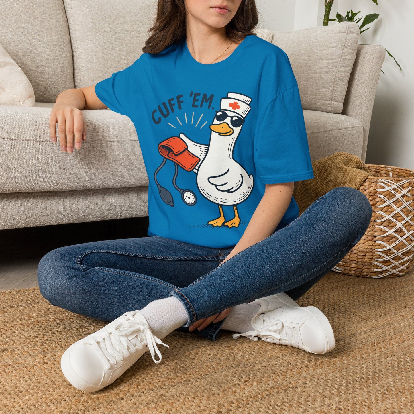 Nurse Goose "Cuff 'Em" T-Shirt — Funny Medical Humor Tee for Nurses & EMTs