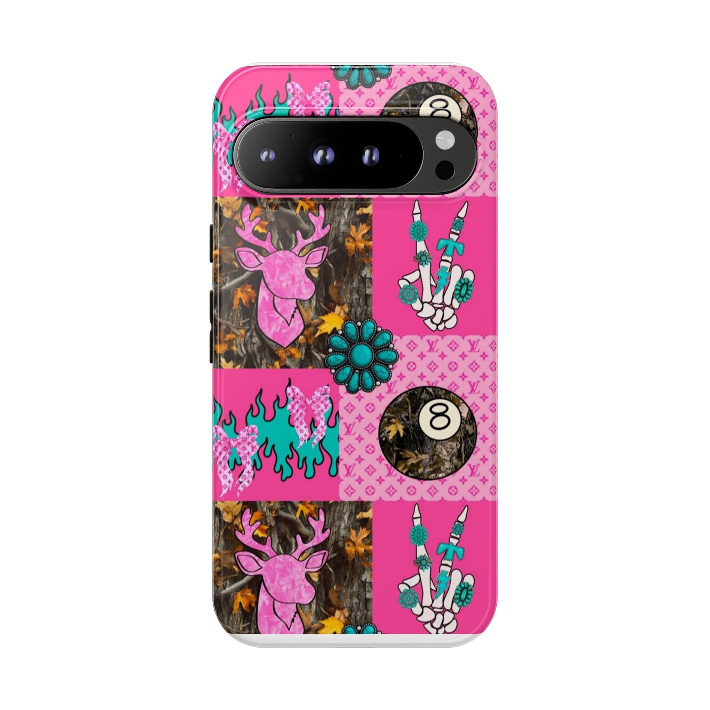 Pink Country Patchwork Phone Case – Billiard 8-Ball, Deer & Skeleton Hand Design