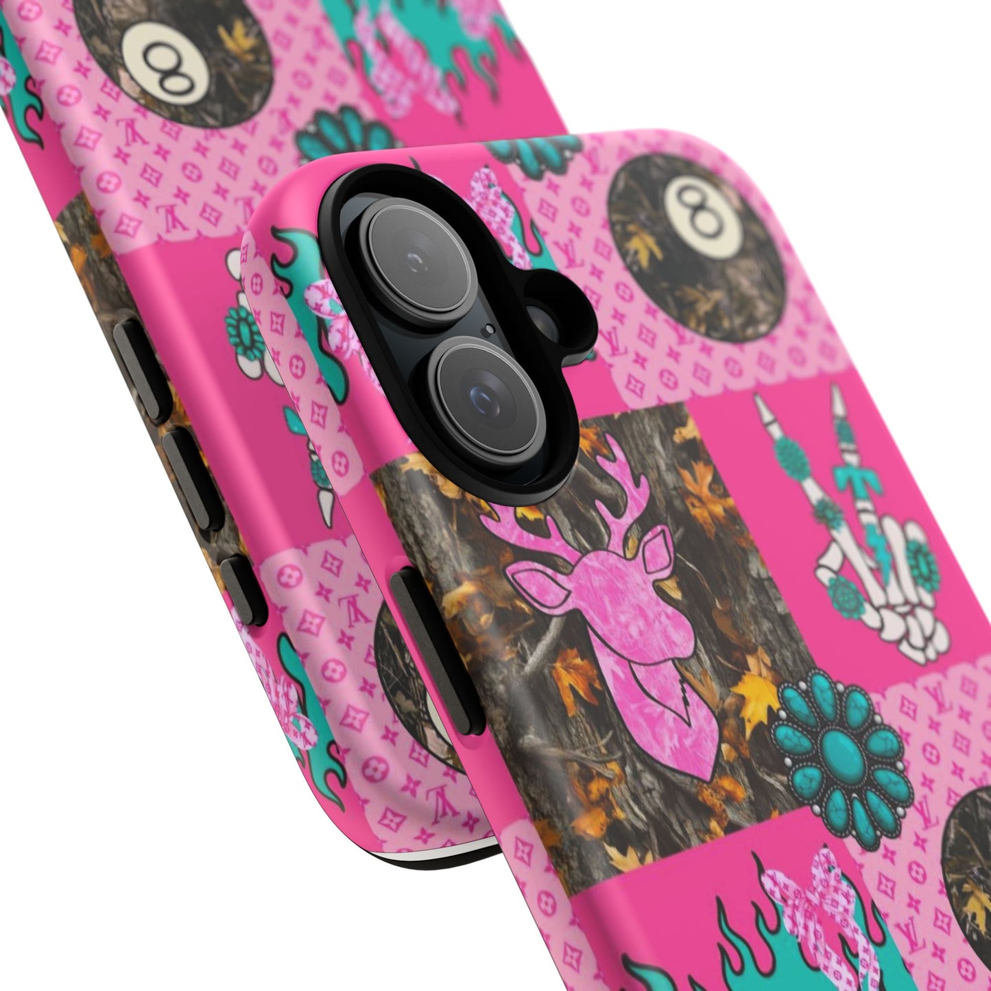 Pink Country Patchwork Phone Case – Billiard 8-Ball, Deer & Skeleton Hand Design