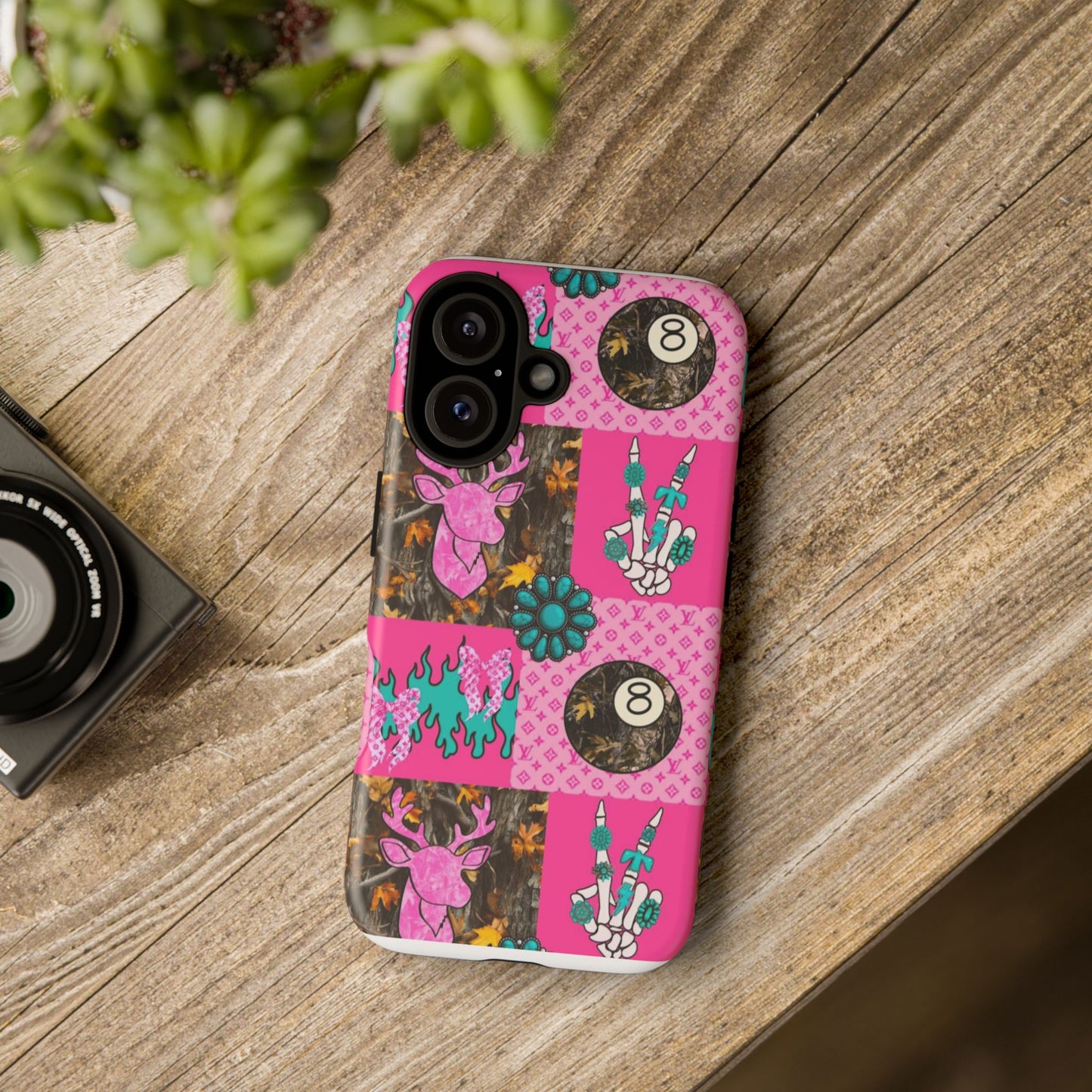 Pink Country Patchwork Phone Case – Billiard 8-Ball, Deer & Skeleton Hand Design