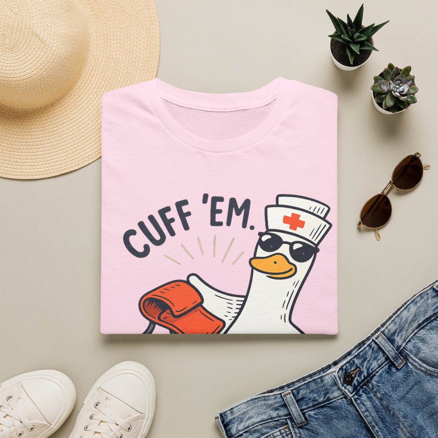 Nurse Goose "Cuff 'Em" T-Shirt — Funny Medical Humor Tee for Nurses & EMTs