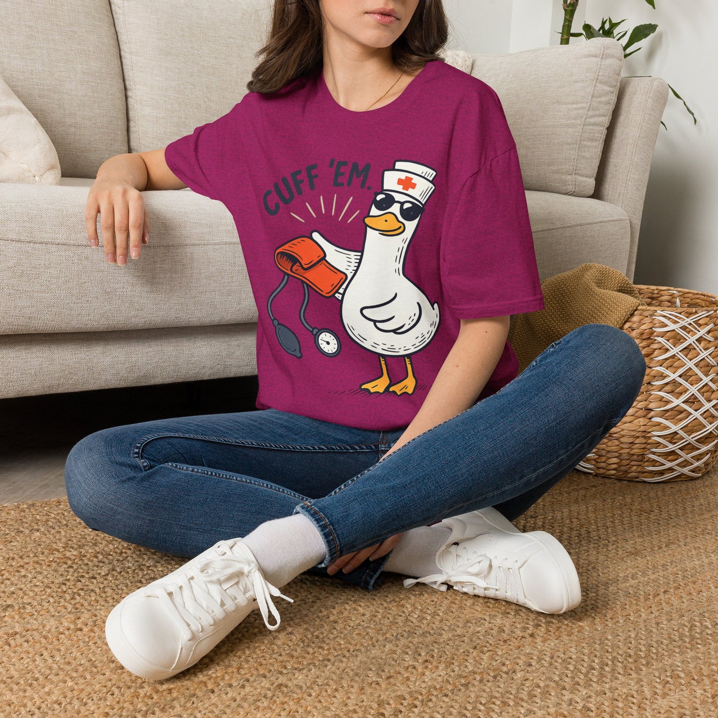 Nurse Goose "Cuff 'Em" T-Shirt — Funny Medical Humor Tee for Nurses & EMTs
