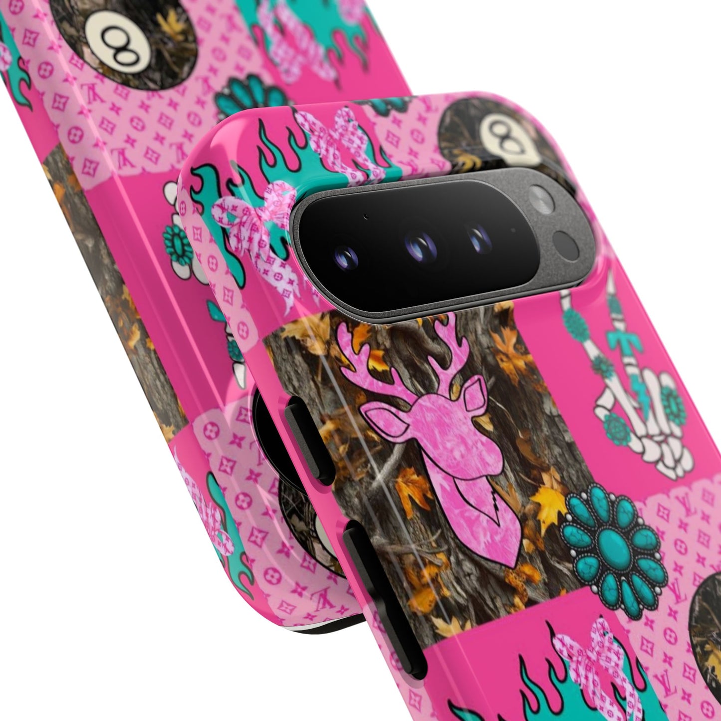 Pink Country Patchwork Phone Case – Billiard 8-Ball, Deer & Skeleton Hand Design