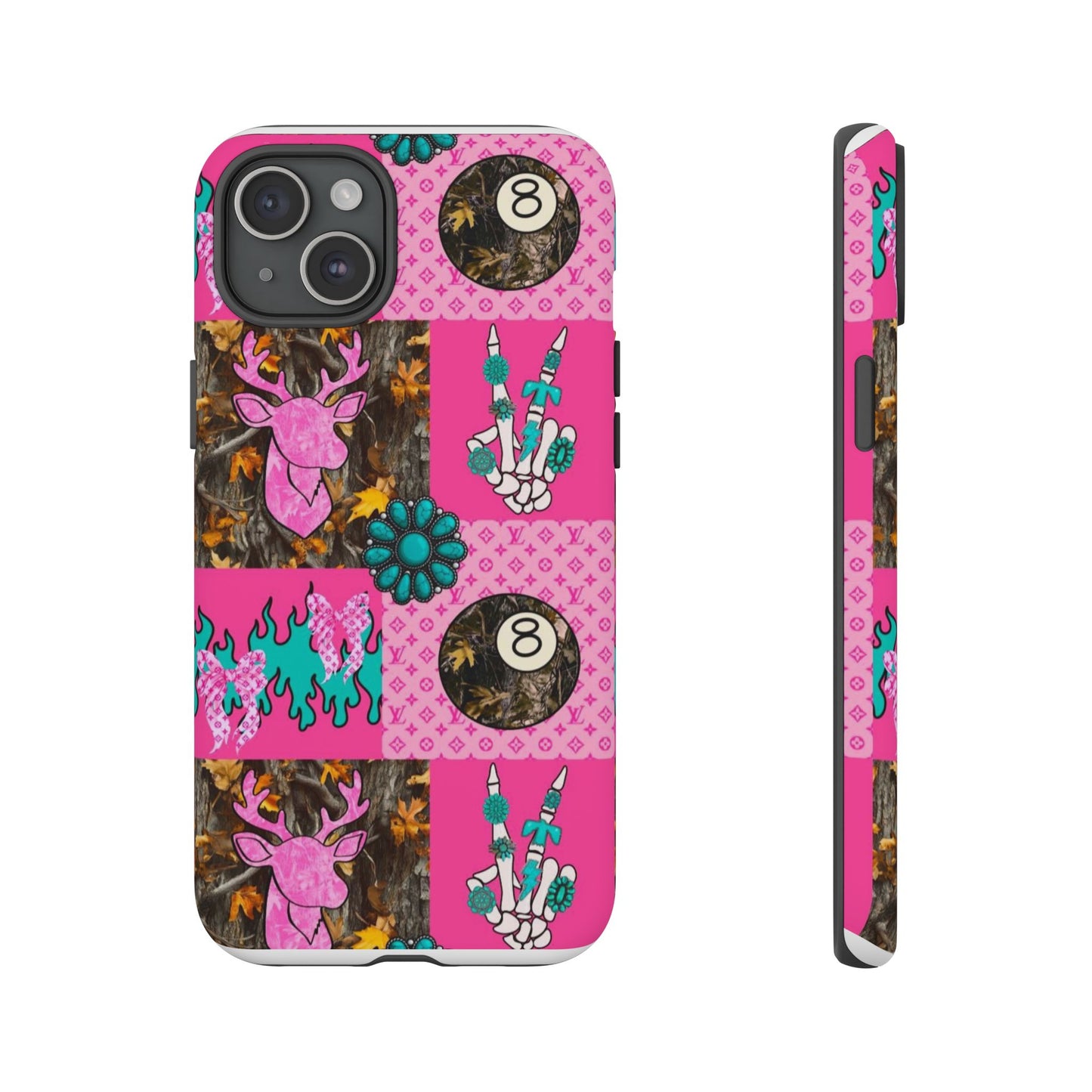 Pink Country Patchwork Phone Case – Billiard 8-Ball, Deer & Skeleton Hand Design