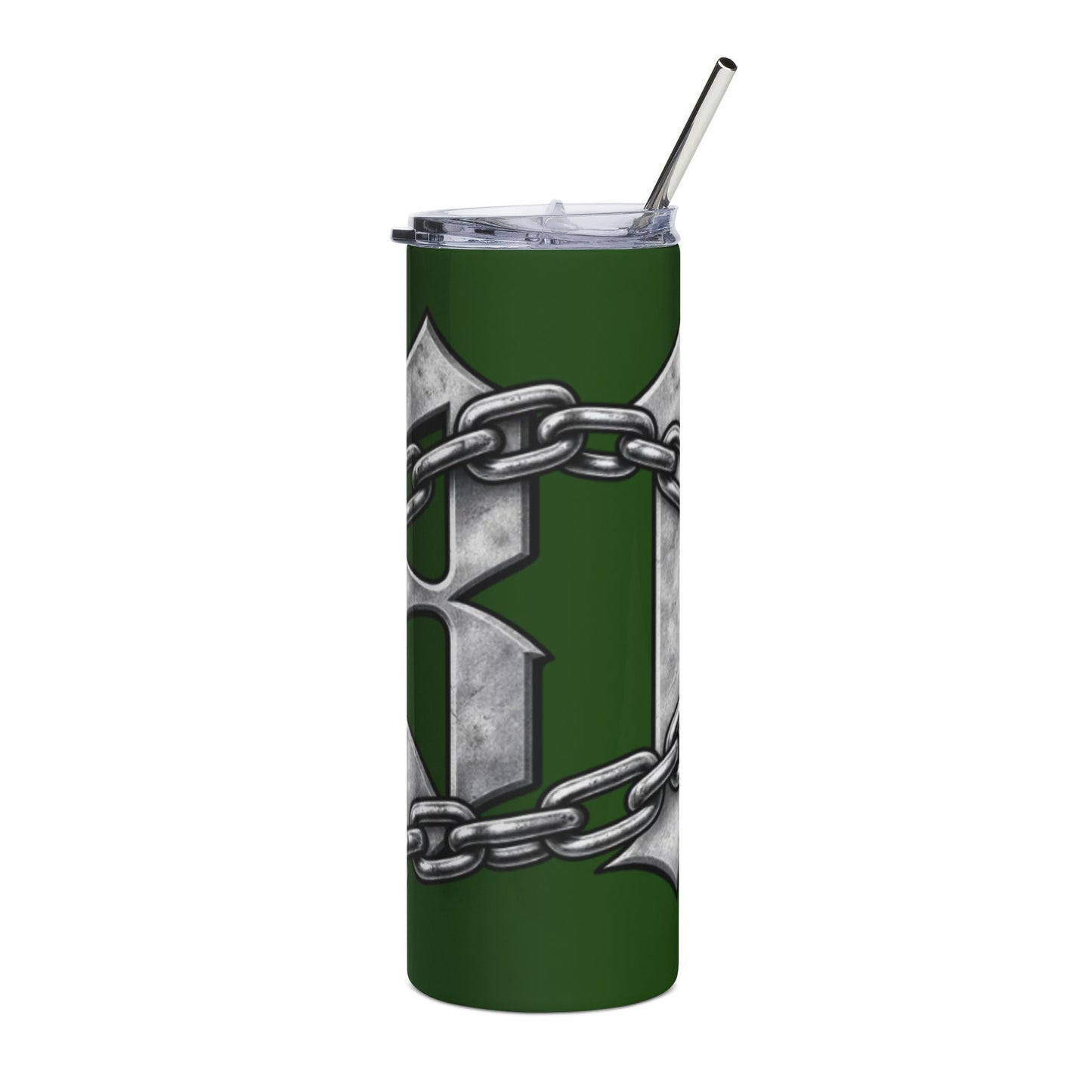 20oz Stainless Steel Tumbler — Green Gothic Letter with Chain Accent