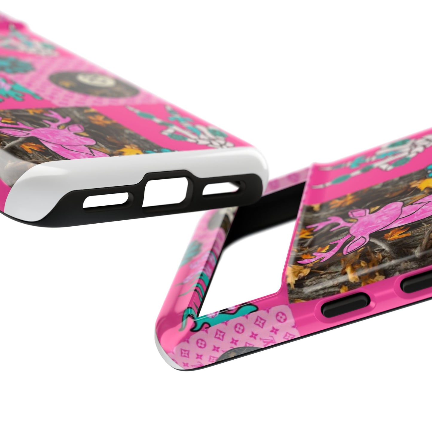 Pink Country Patchwork Phone Case – Billiard 8-Ball, Deer & Skeleton Hand Design