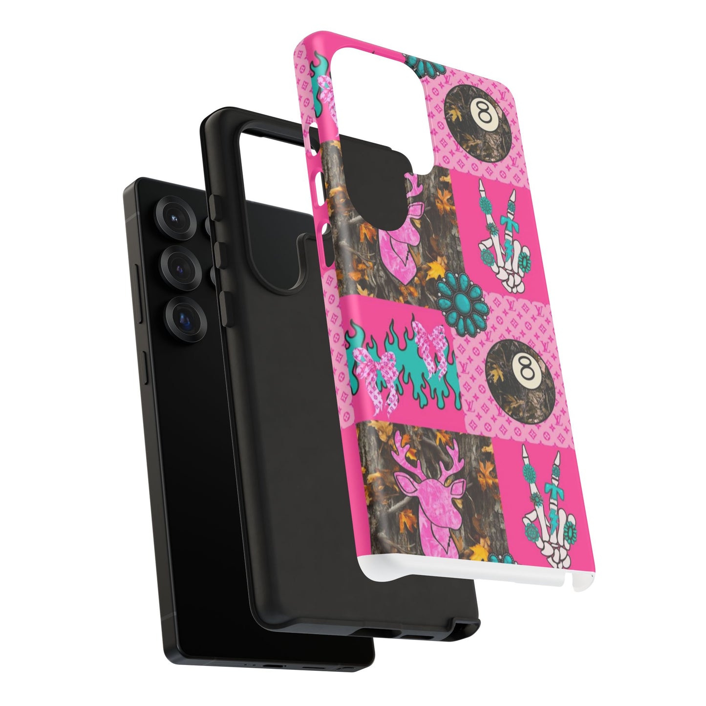 Pink Country Patchwork Phone Case – Billiard 8-Ball, Deer & Skeleton Hand Design