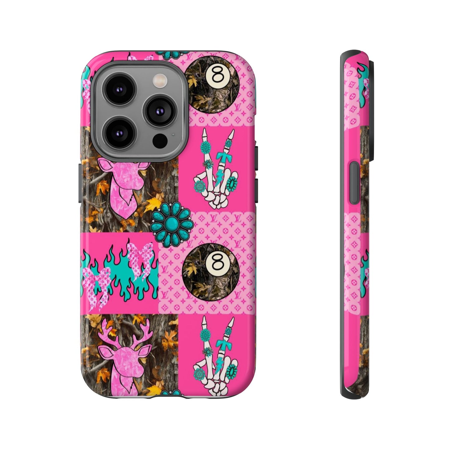 Pink Country Patchwork Phone Case – Billiard 8-Ball, Deer & Skeleton Hand Design