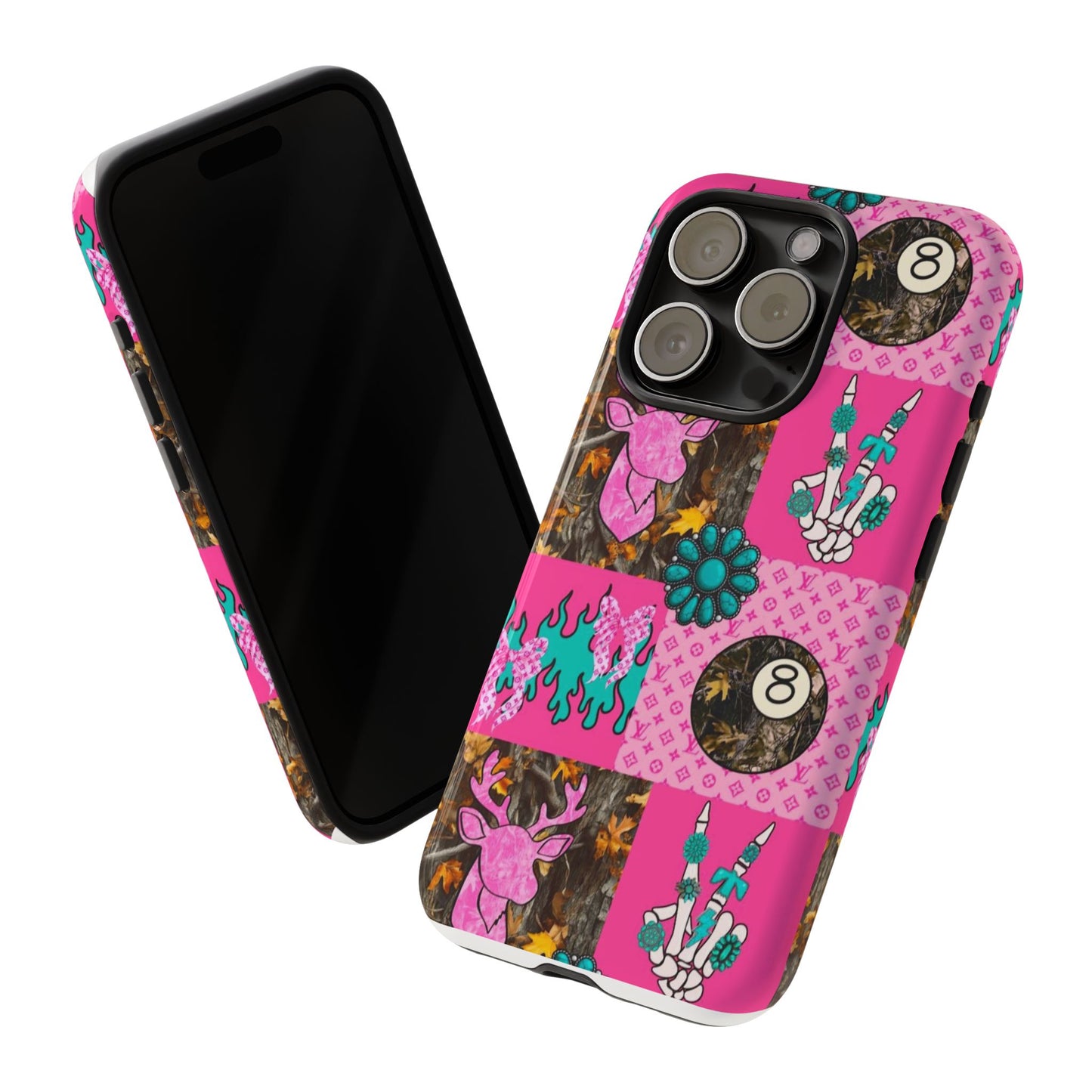 Pink Country Patchwork Phone Case – Billiard 8-Ball, Deer & Skeleton Hand Design