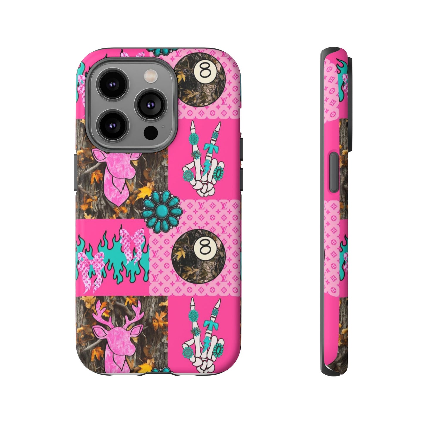 Pink Country Patchwork Phone Case – Billiard 8-Ball, Deer & Skeleton Hand Design