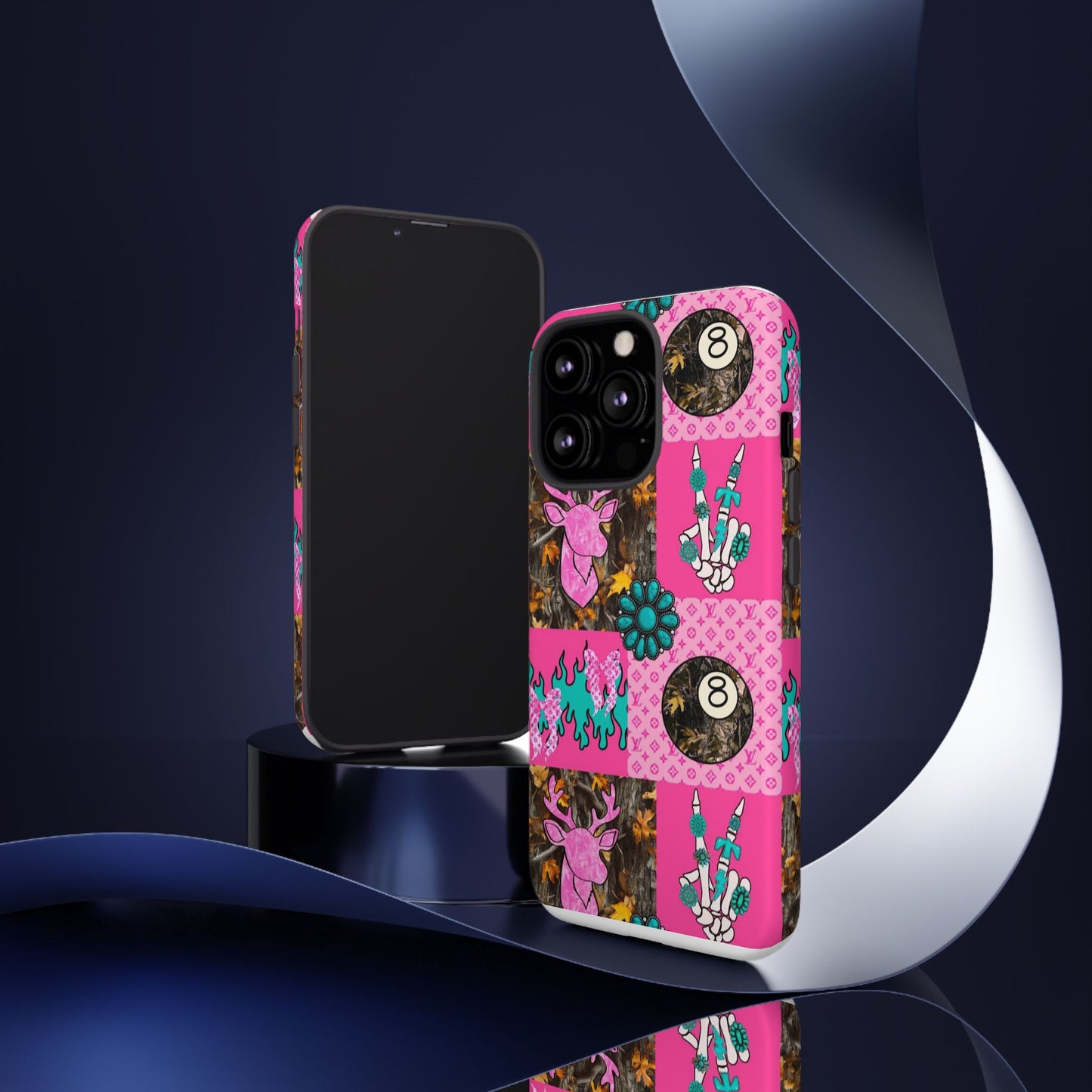 Pink Country Patchwork Phone Case – Billiard 8-Ball, Deer & Skeleton Hand Design
