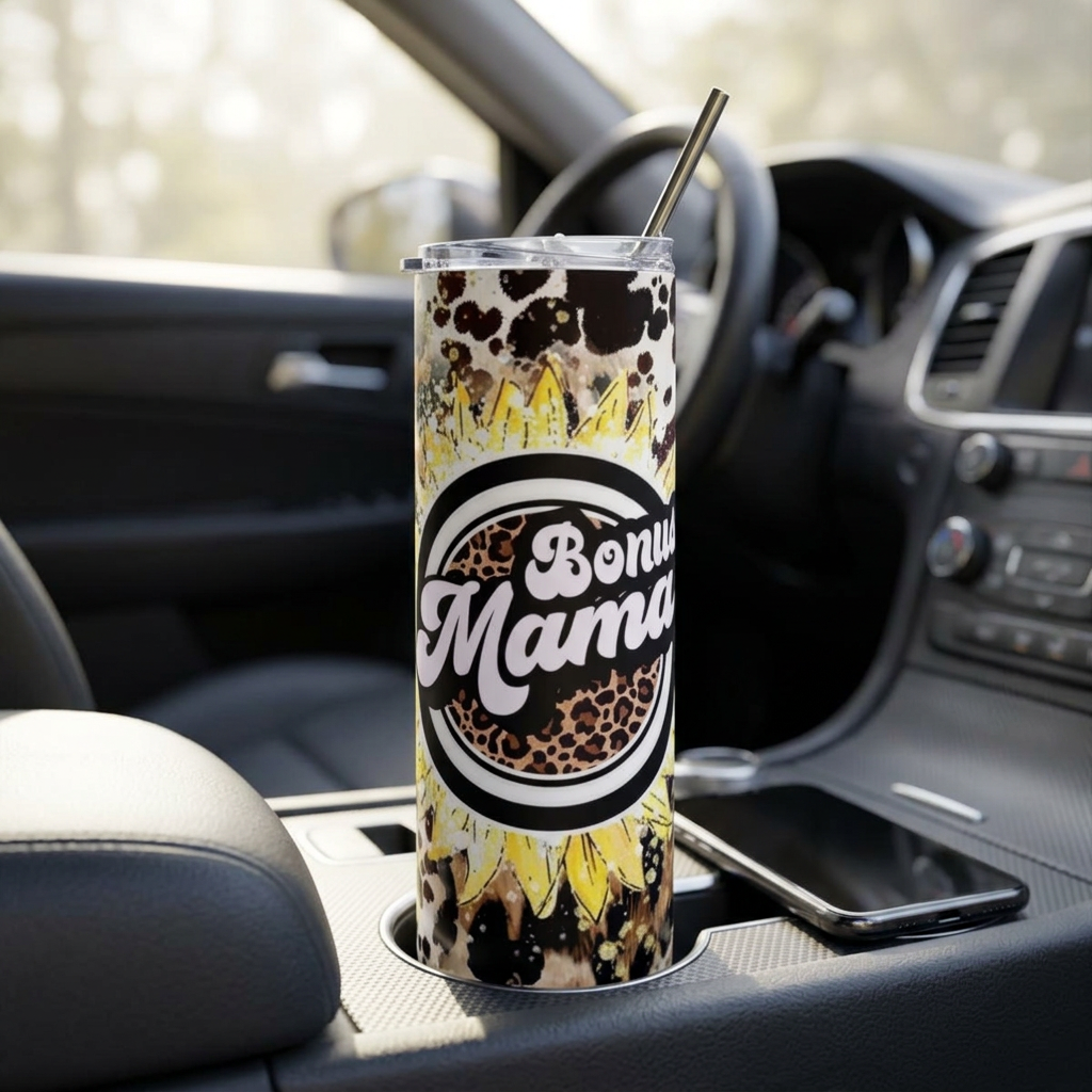 Mama Tumbler 20oz Stainless Steel - 'Bonus Mama' Sunflower Leopard Travel Cup
