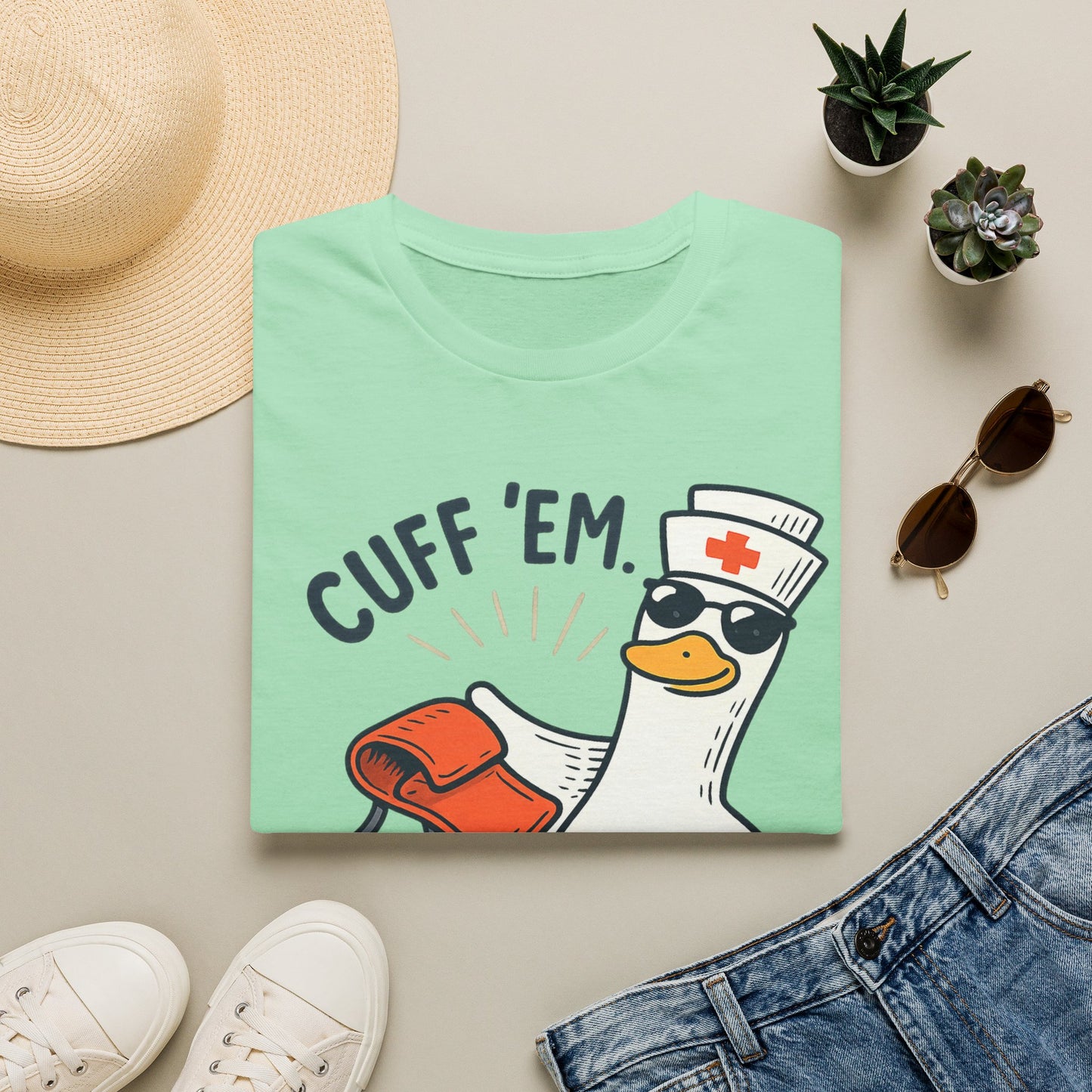 Nurse Goose "Cuff 'Em" T-Shirt — Funny Medical Humor Tee for Nurses & EMTs