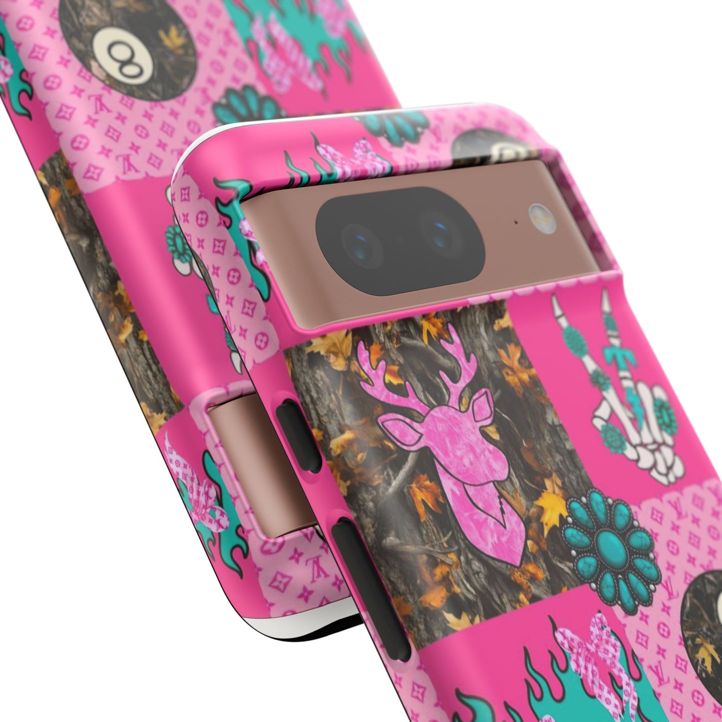 Pink Country Patchwork Phone Case – Billiard 8-Ball, Deer & Skeleton Hand Design