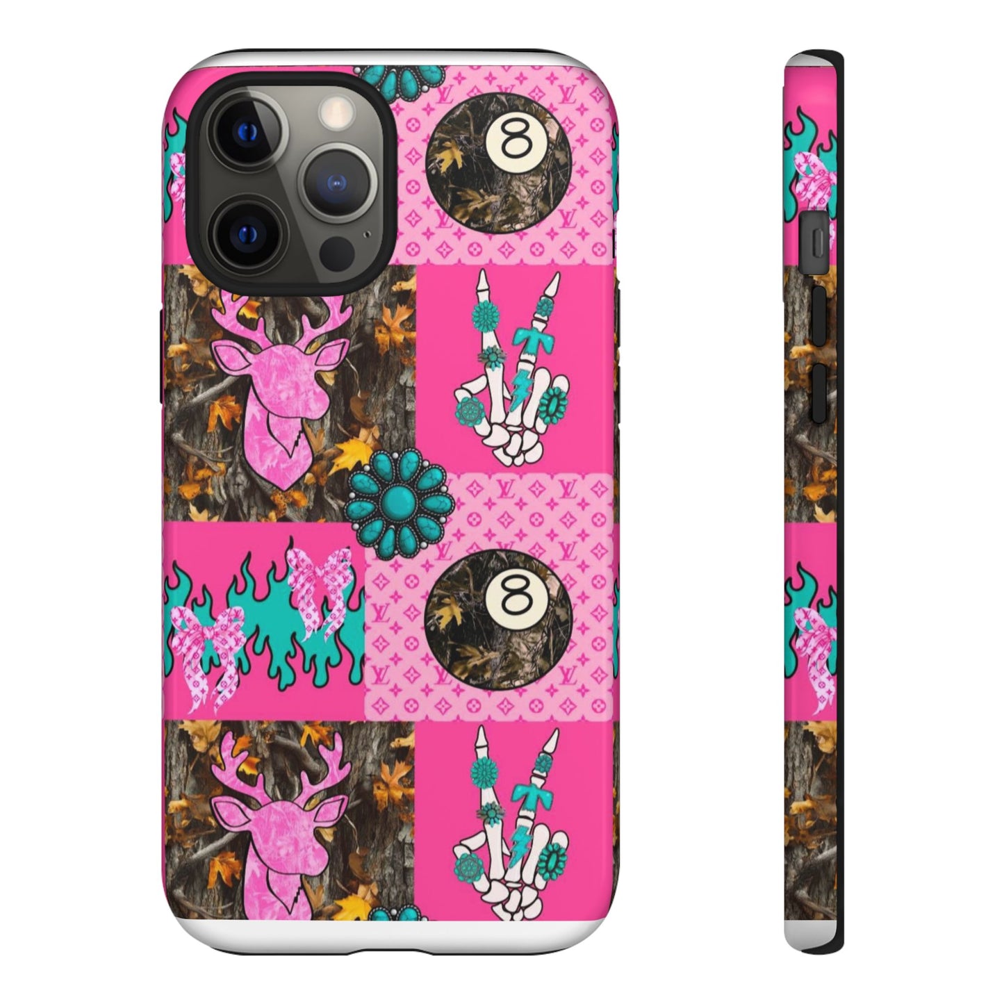 Pink Country Patchwork Phone Case – Billiard 8-Ball, Deer & Skeleton Hand Design