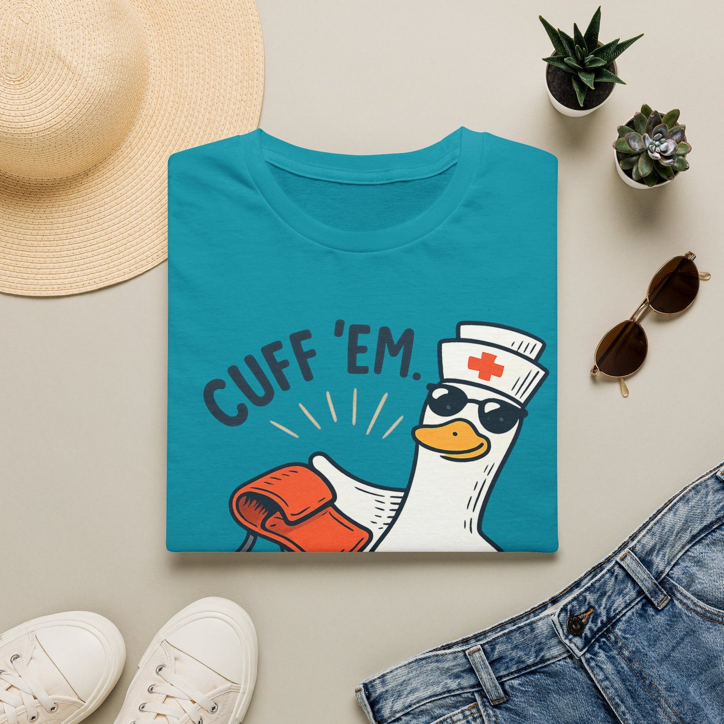 Nurse Goose "Cuff 'Em" T-Shirt — Funny Medical Humor Tee for Nurses & EMTs