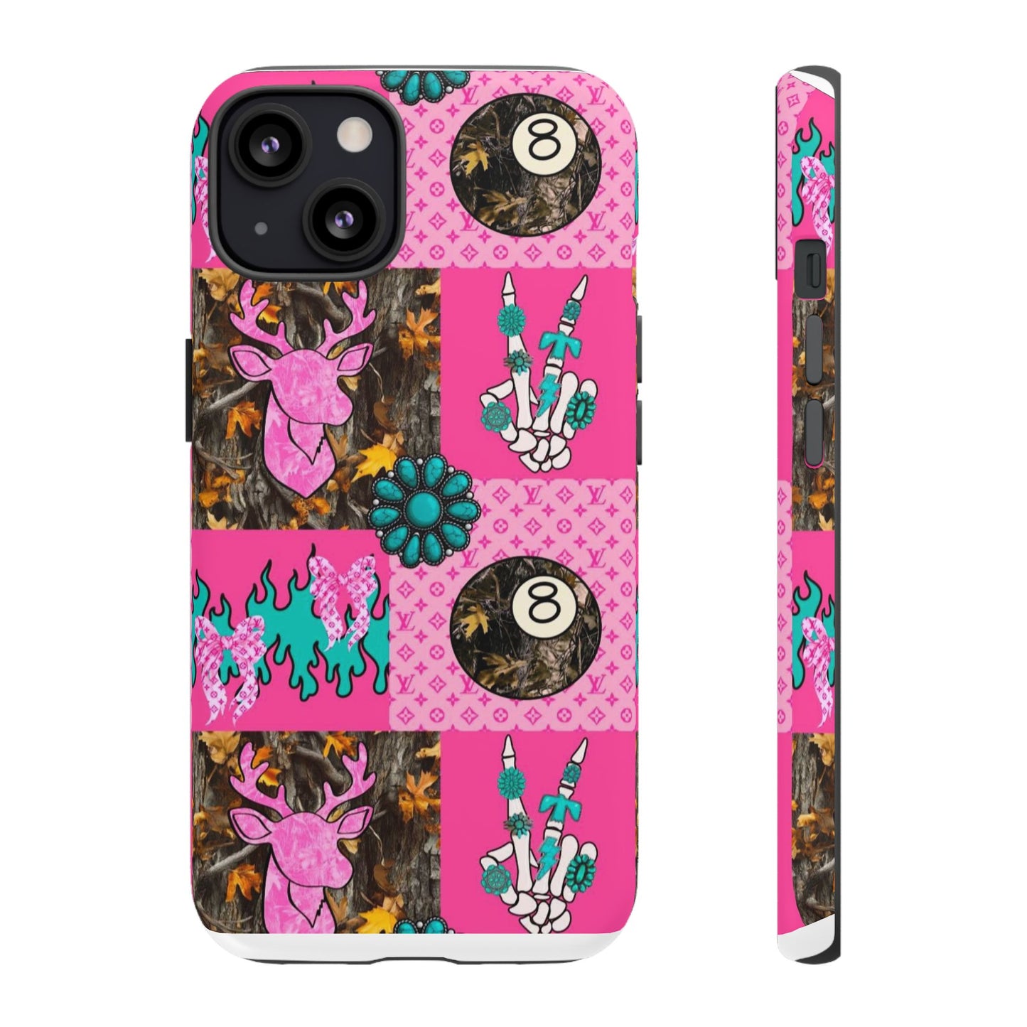 Pink Country Patchwork Phone Case – Billiard 8-Ball, Deer & Skeleton Hand Design