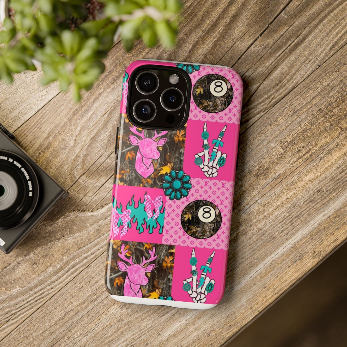 Pink Country Patchwork Phone Case – Billiard 8-Ball, Deer & Skeleton Hand Design