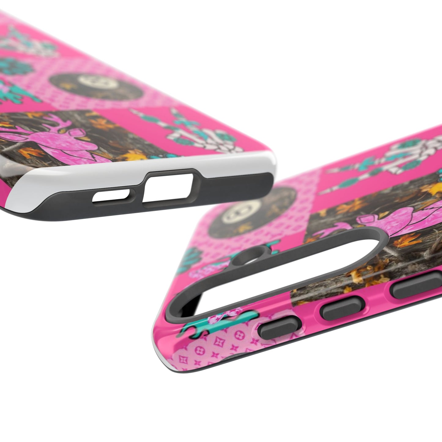 Pink Country Patchwork Phone Case – Billiard 8-Ball, Deer & Skeleton Hand Design