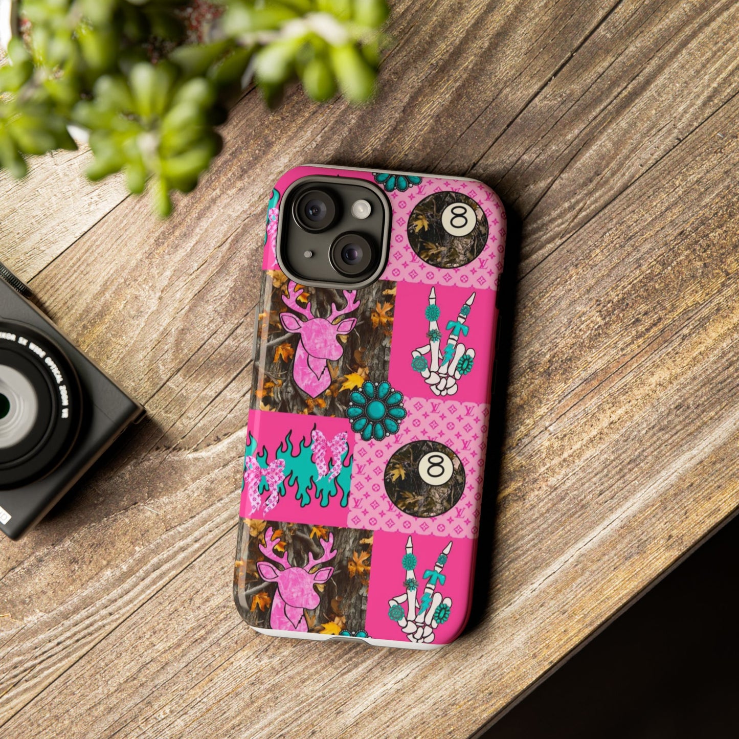 Pink Country Patchwork Phone Case – Billiard 8-Ball, Deer & Skeleton Hand Design