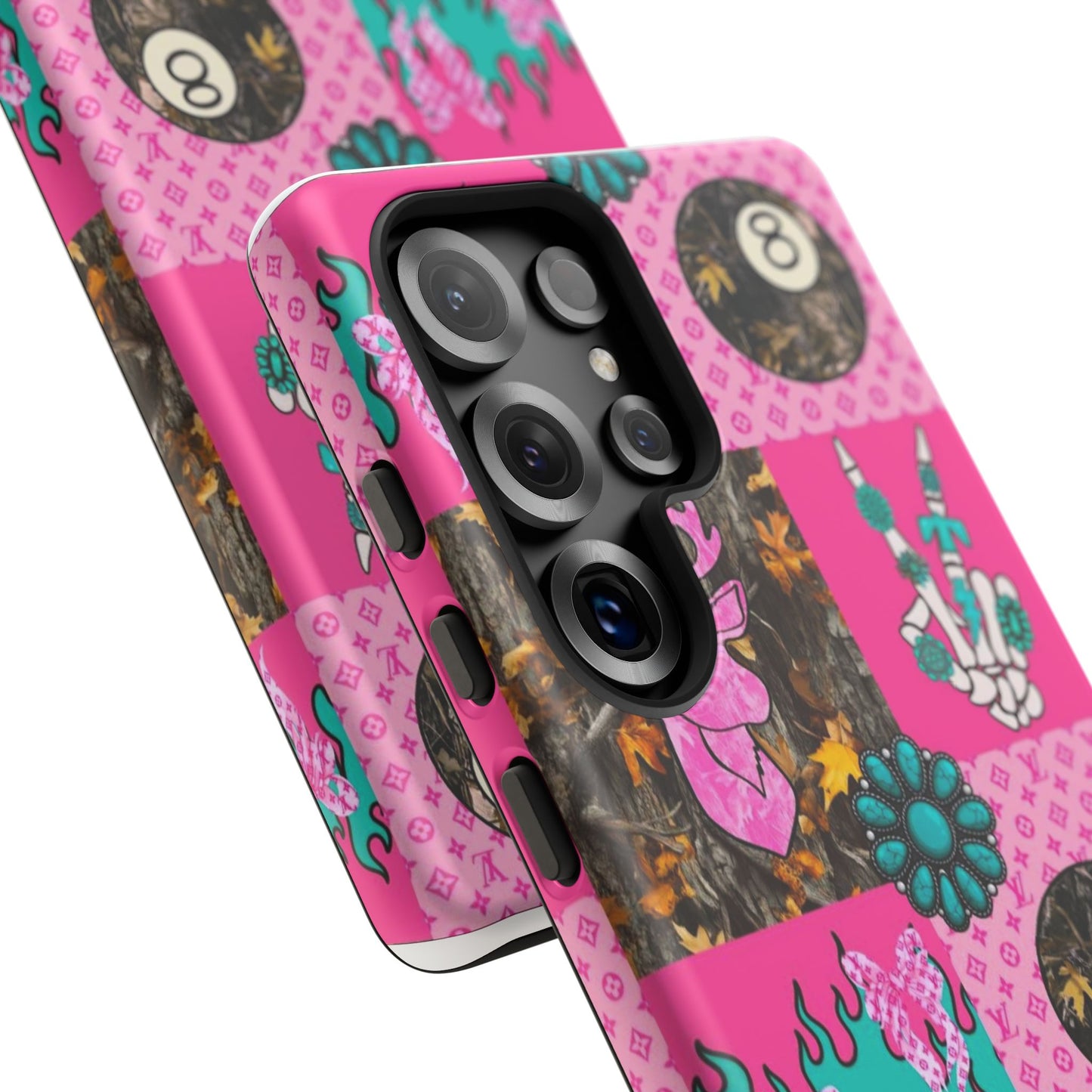 Pink Country Patchwork Phone Case – Billiard 8-Ball, Deer & Skeleton Hand Design