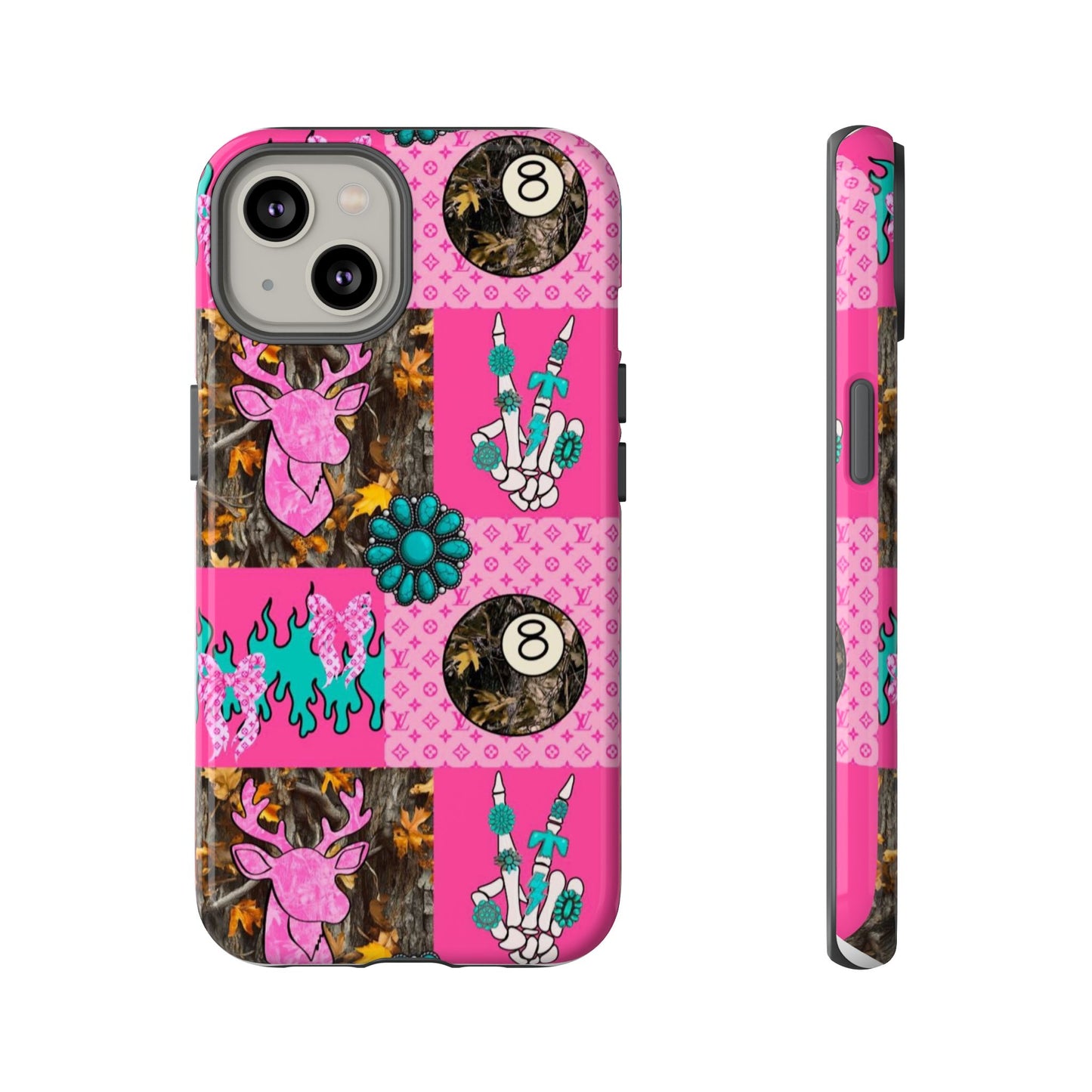 Pink Country Patchwork Phone Case – Billiard 8-Ball, Deer & Skeleton Hand Design
