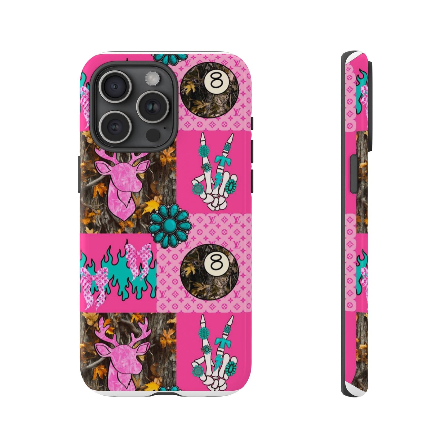 Pink Country Patchwork Phone Case – Billiard 8-Ball, Deer & Skeleton Hand Design