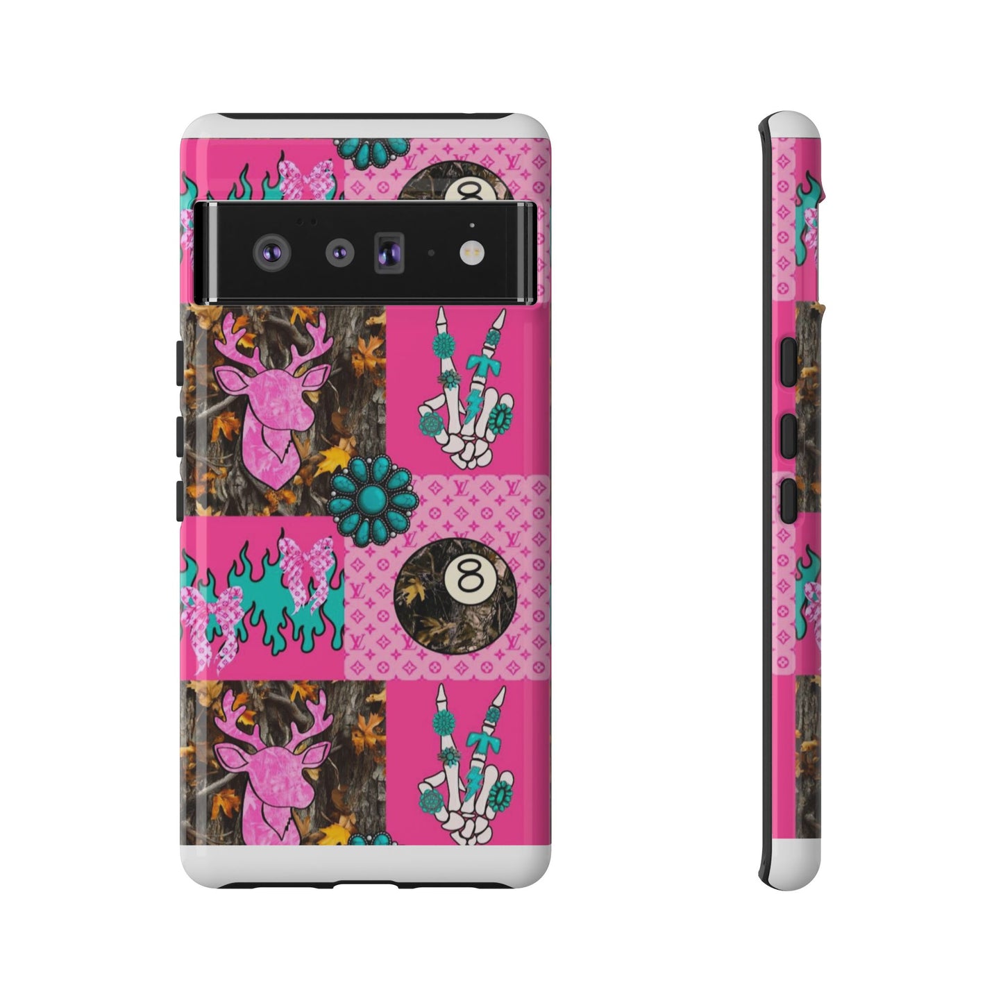 Pink Country Patchwork Phone Case – Billiard 8-Ball, Deer & Skeleton Hand Design