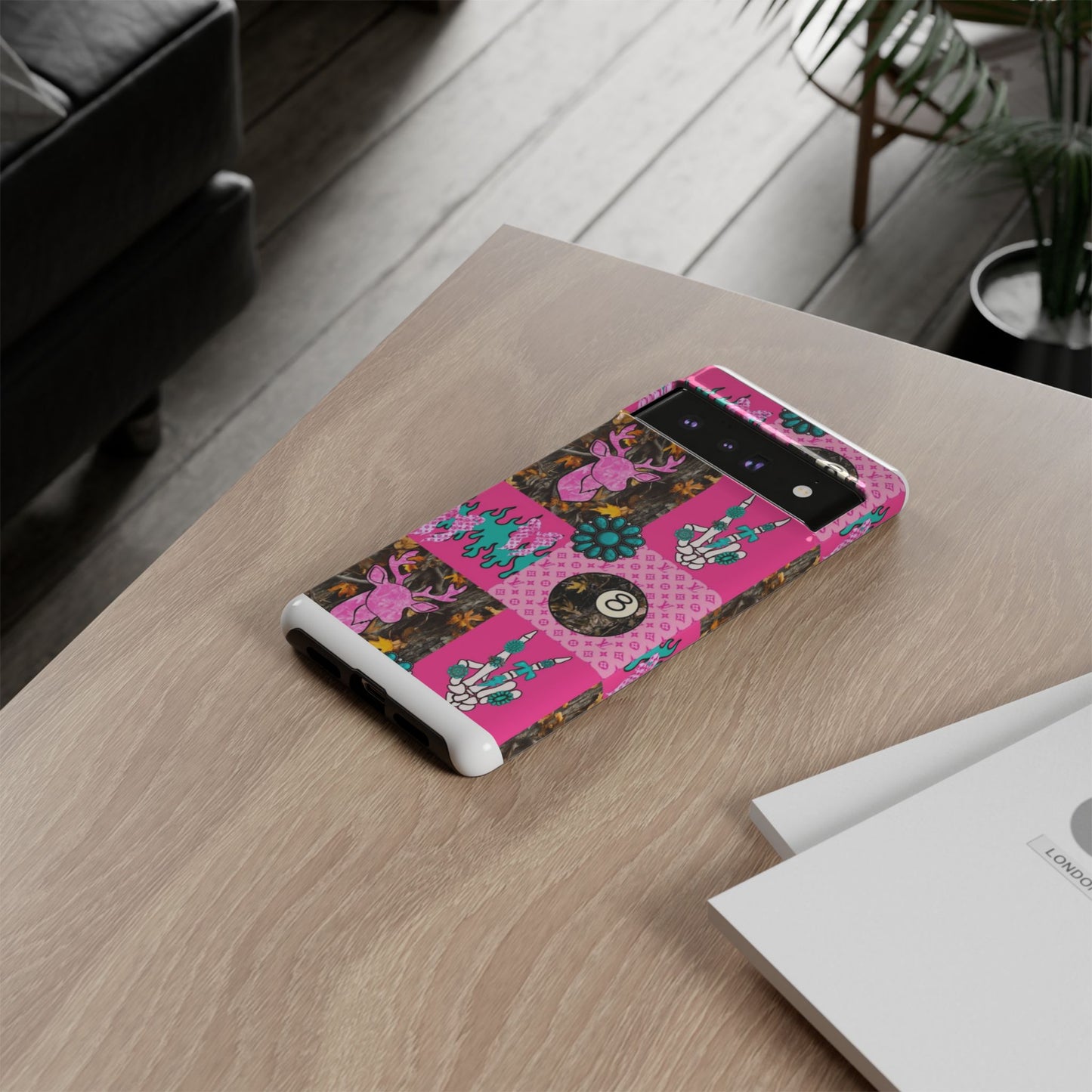 Pink Country Patchwork Phone Case – Billiard 8-Ball, Deer & Skeleton Hand Design