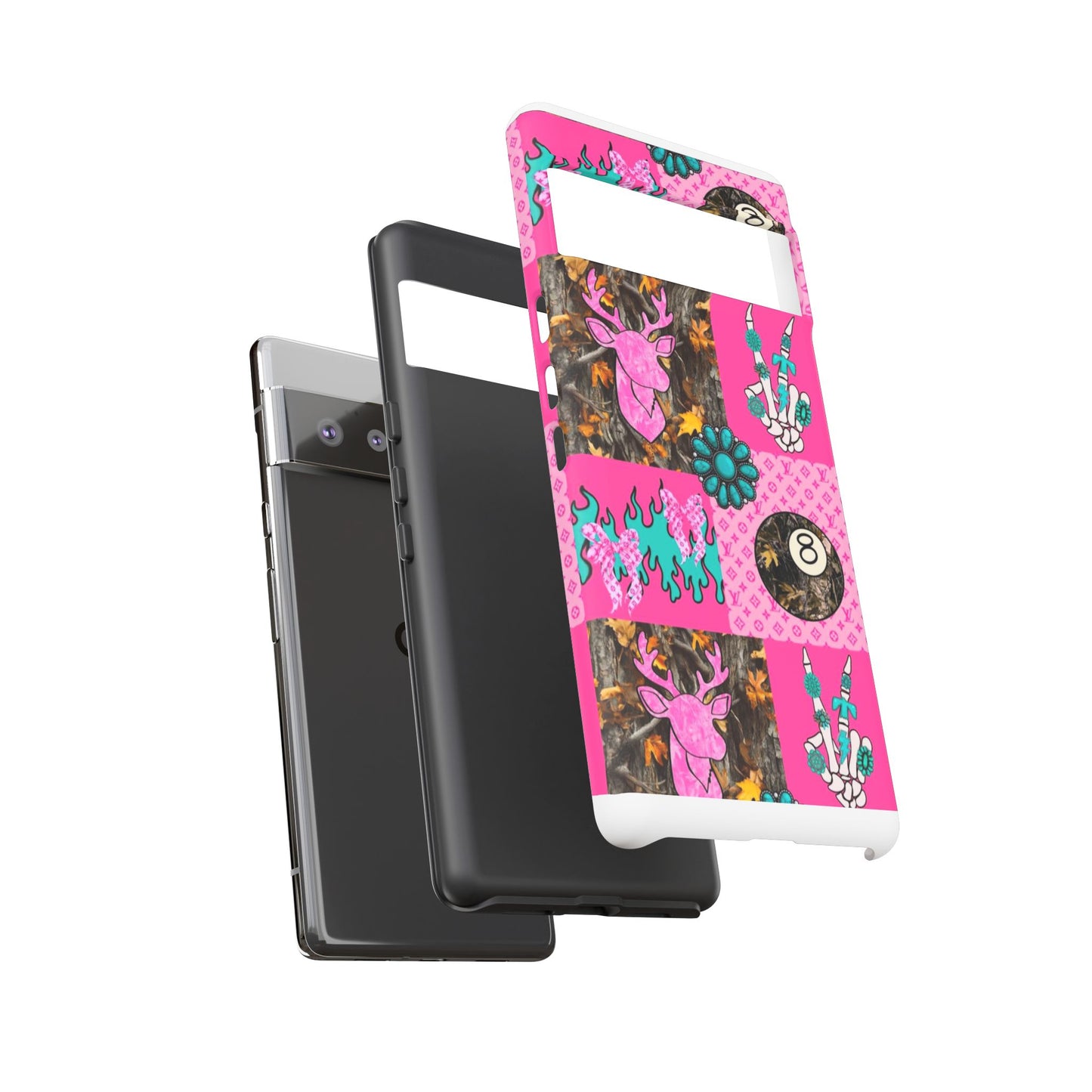 Pink Country Patchwork Phone Case – Billiard 8-Ball, Deer & Skeleton Hand Design
