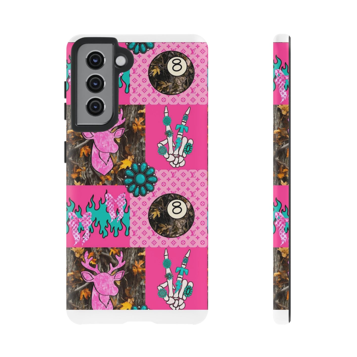 Pink Country Patchwork Phone Case – Billiard 8-Ball, Deer & Skeleton Hand Design