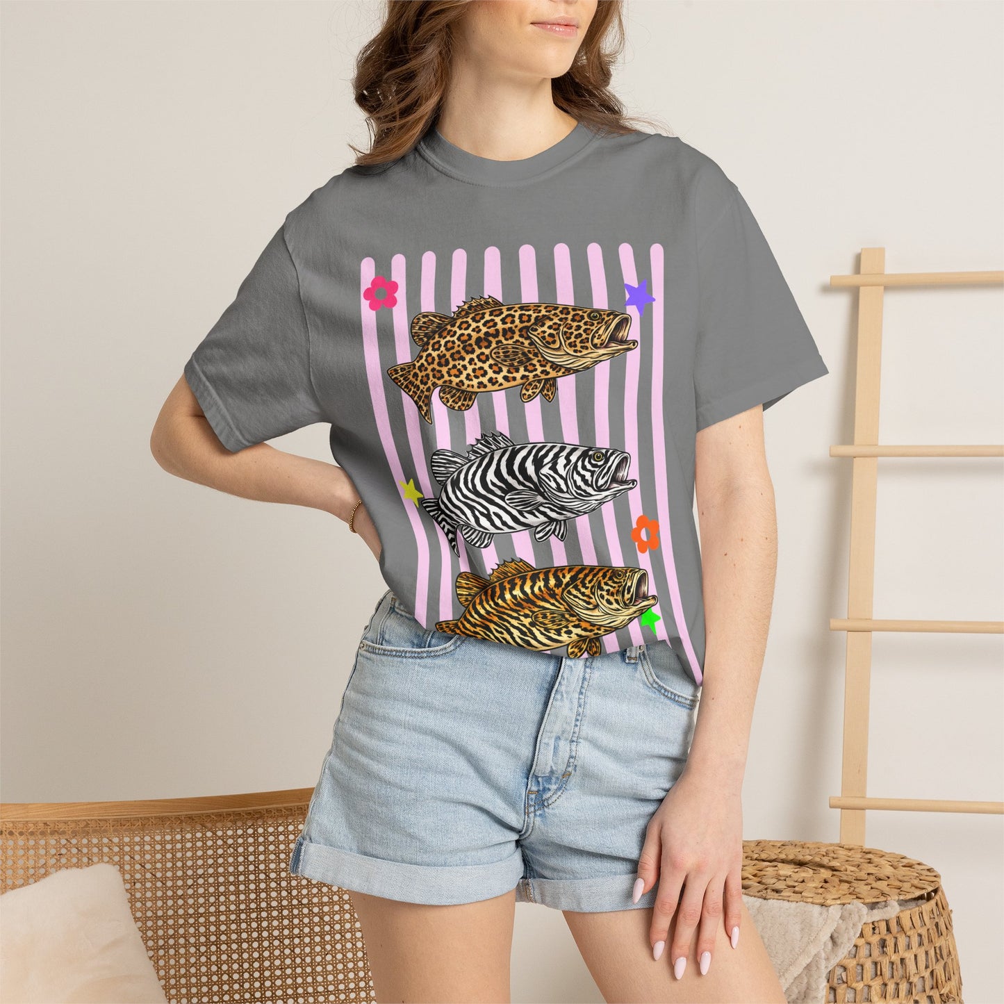 Leopard, Zebra & Tiger Fish Graphic T-Shirt — Cute Floral Striped Animal Print Tee