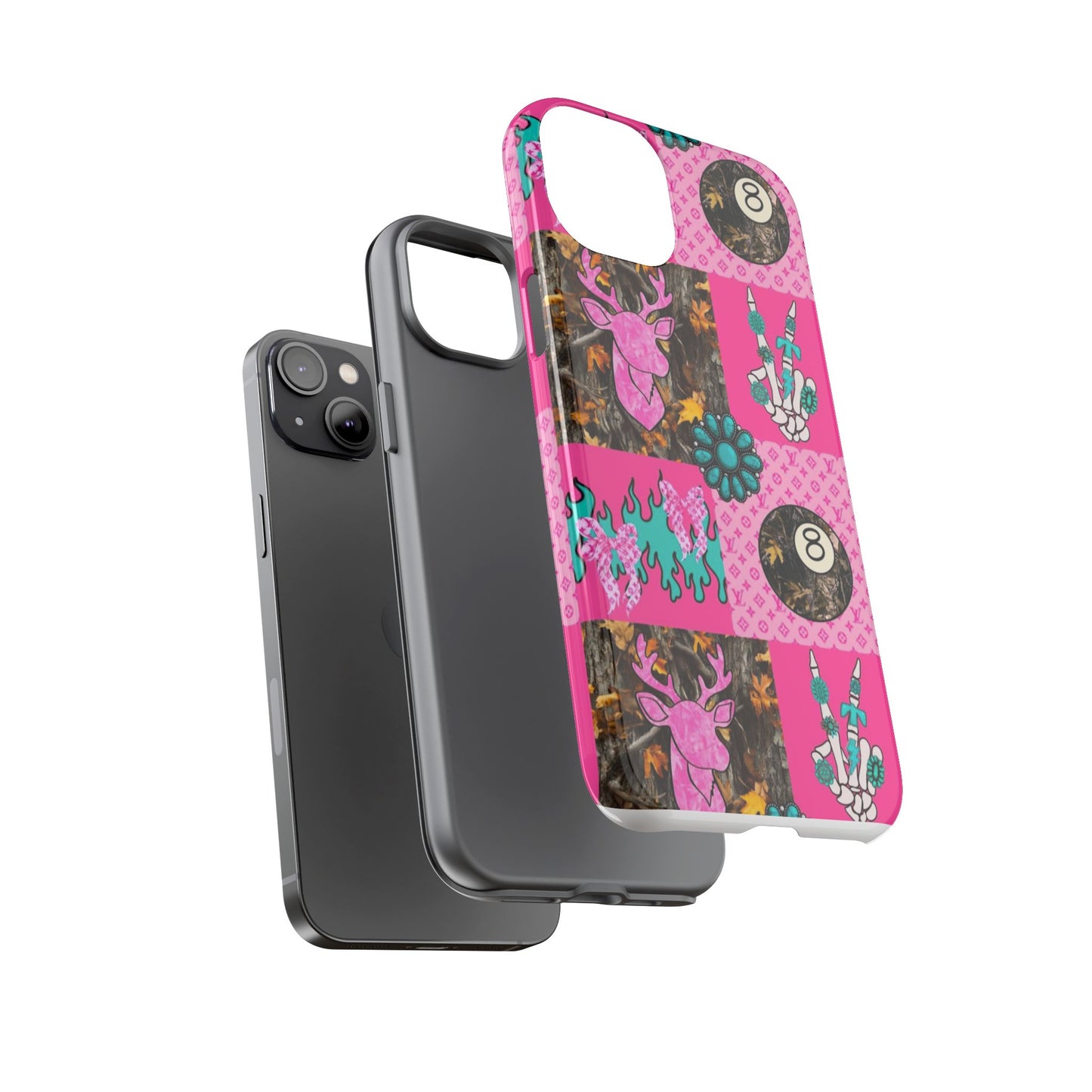 Pink Country Patchwork Phone Case – Billiard 8-Ball, Deer & Skeleton Hand Design