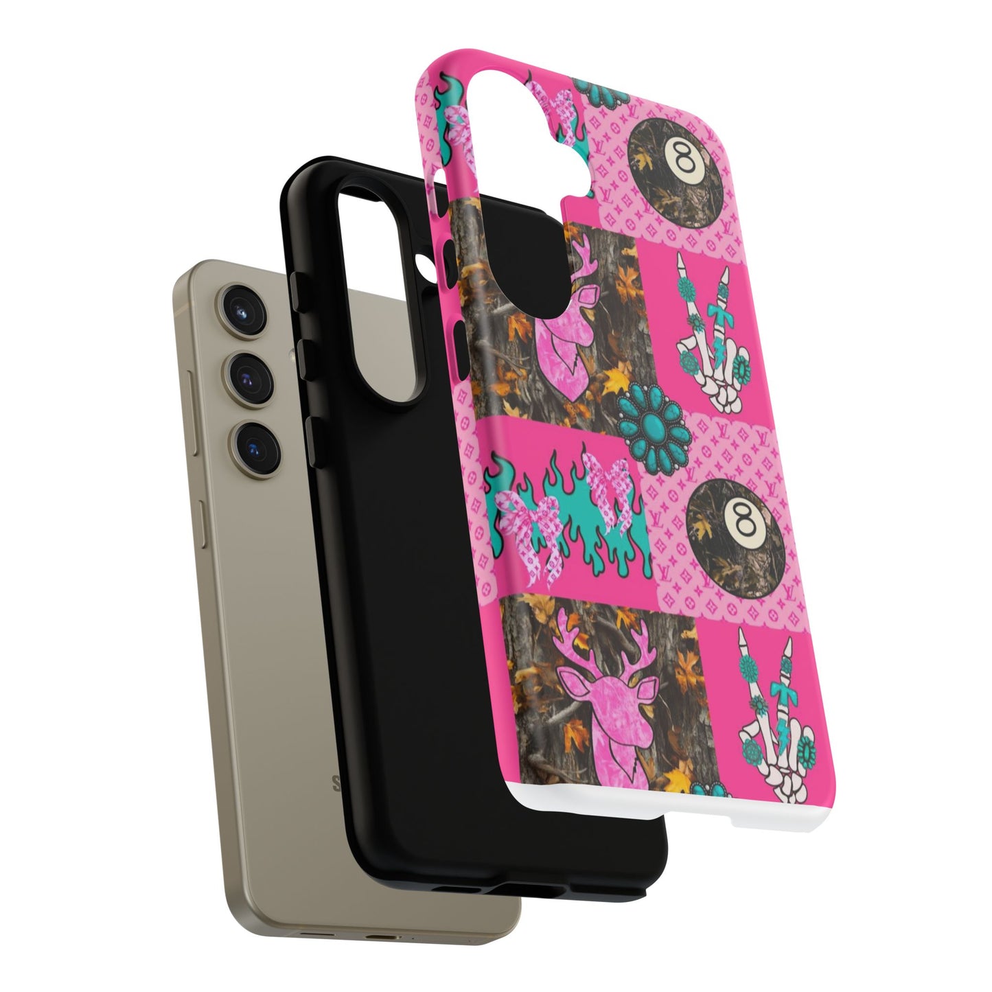 Pink Country Patchwork Phone Case – Billiard 8-Ball, Deer & Skeleton Hand Design