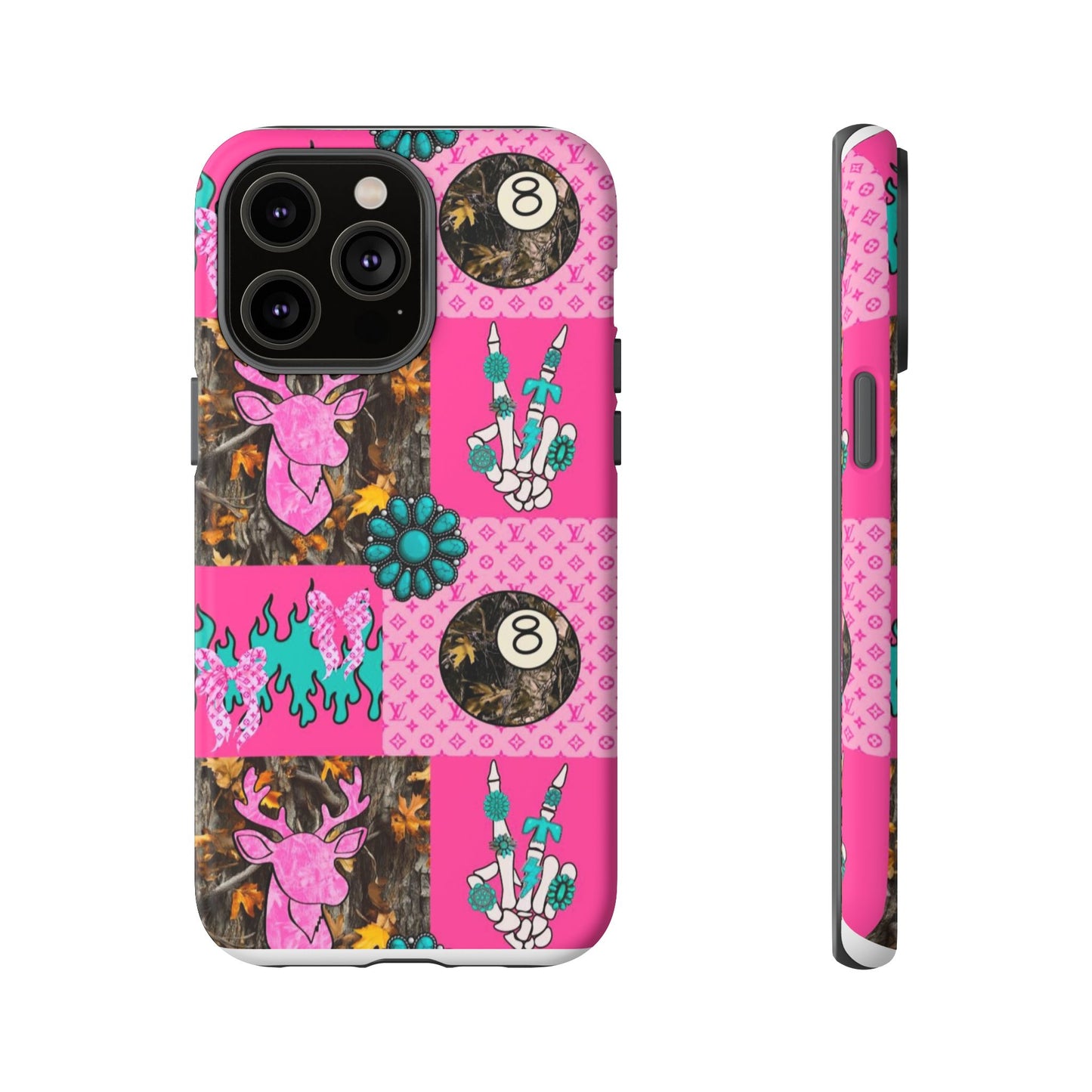 Pink Country Patchwork Phone Case – Billiard 8-Ball, Deer & Skeleton Hand Design