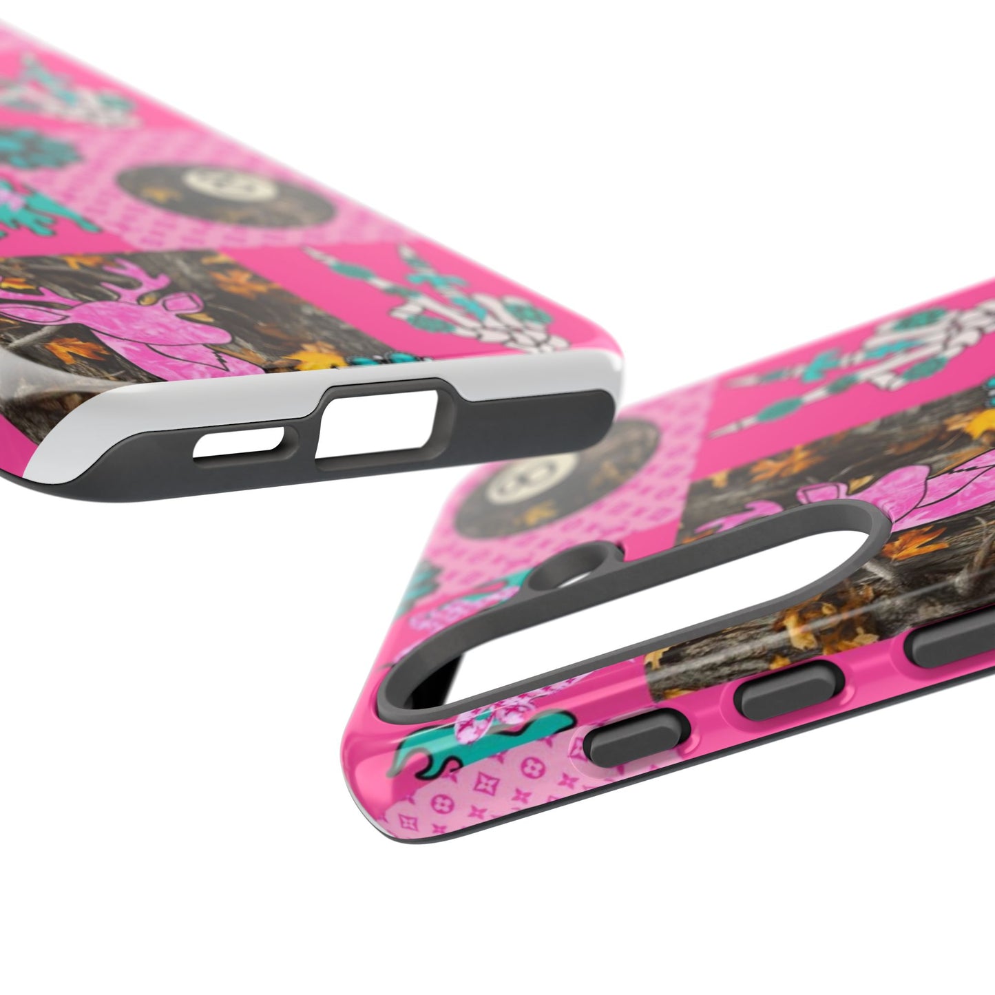 Pink Country Patchwork Phone Case – Billiard 8-Ball, Deer & Skeleton Hand Design
