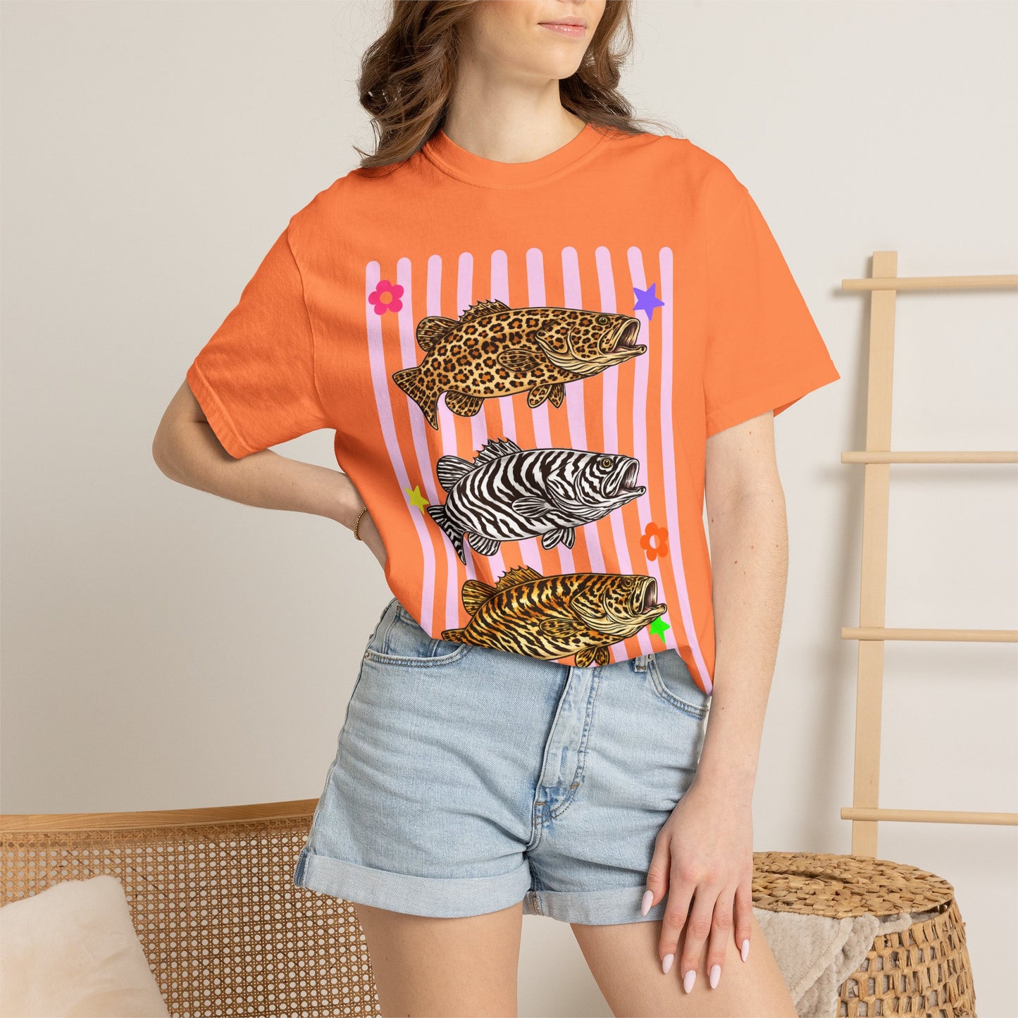 Leopard, Zebra & Tiger Fish Graphic T-Shirt — Cute Floral Striped Animal Print Tee