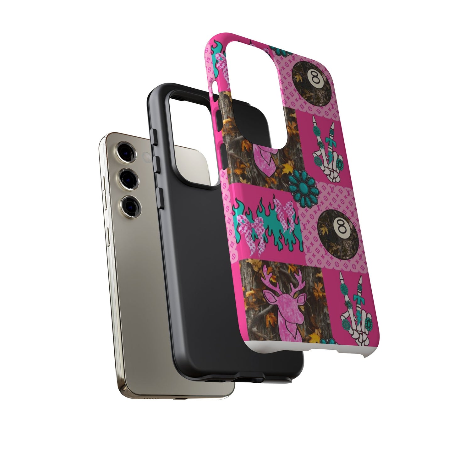 Pink Country Patchwork Phone Case – Billiard 8-Ball, Deer & Skeleton Hand Design