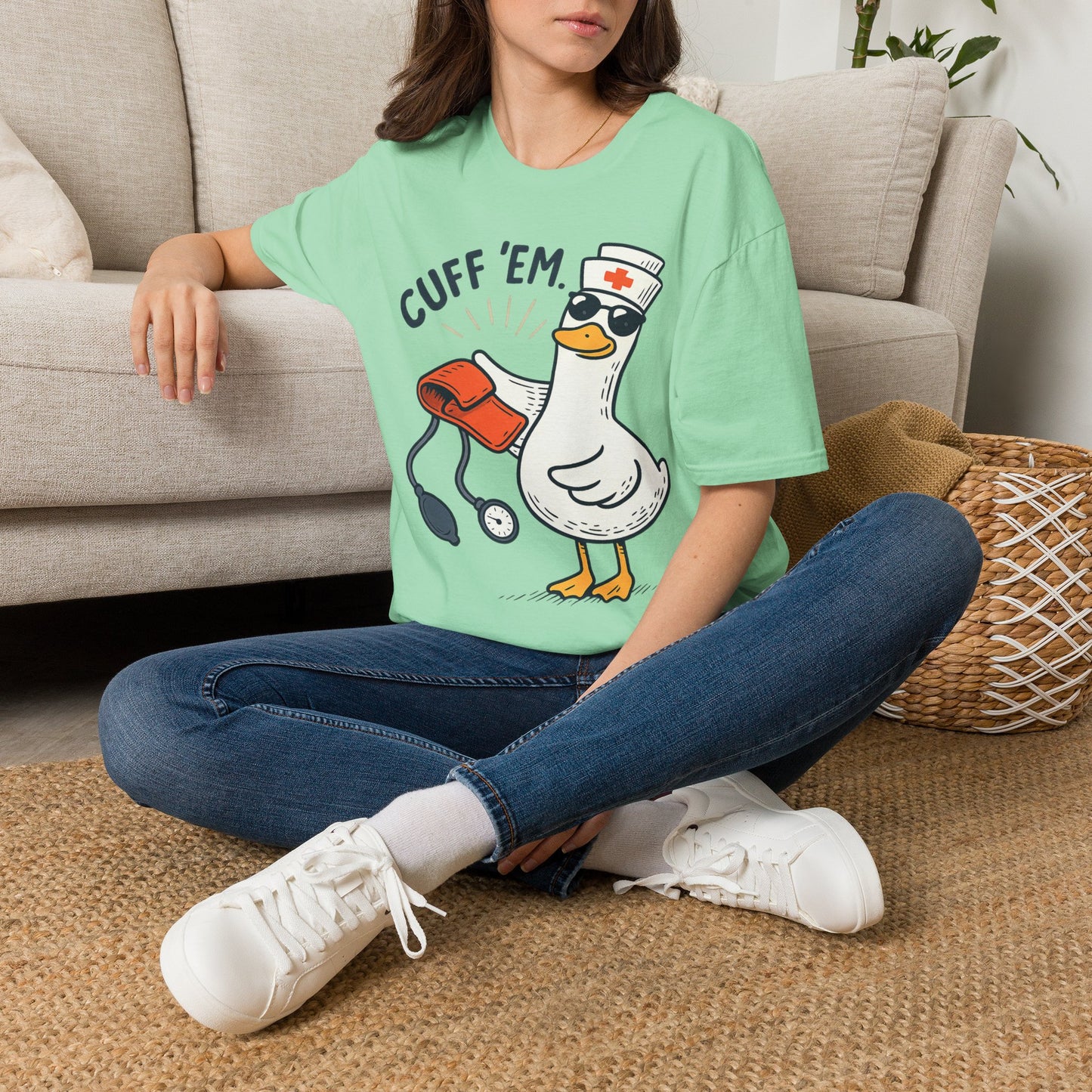 Nurse Goose "Cuff 'Em" T-Shirt — Funny Medical Humor Tee for Nurses & EMTs