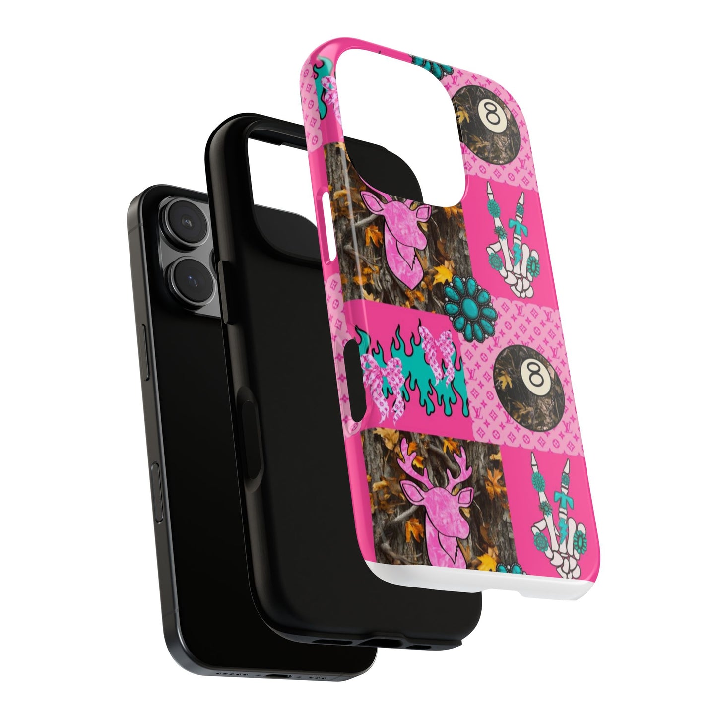 Pink Country Patchwork Phone Case – Billiard 8-Ball, Deer & Skeleton Hand Design